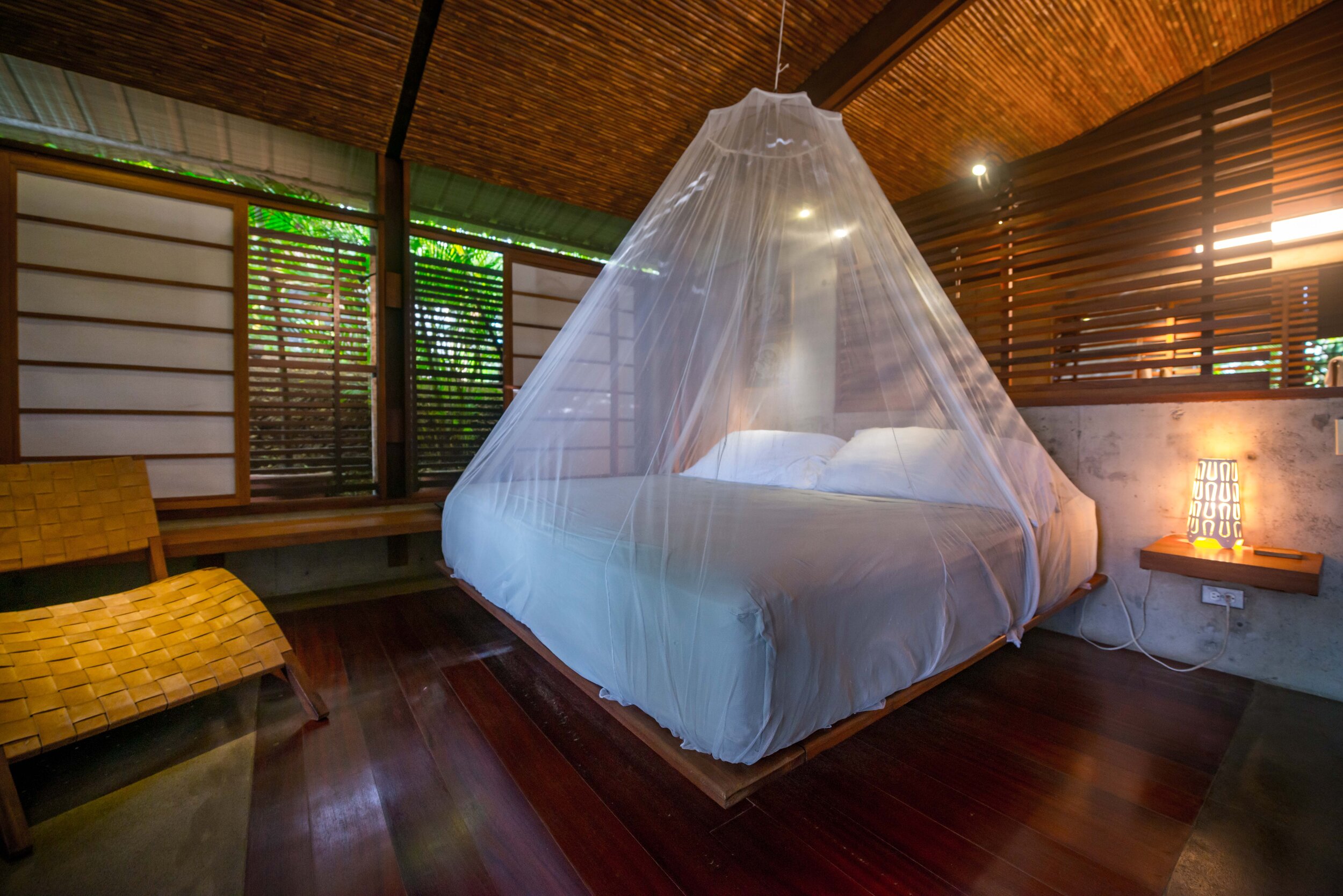 Mosquito netting over bed