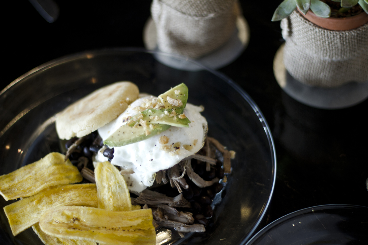 The La Paisa arepa with a side plantain chips.