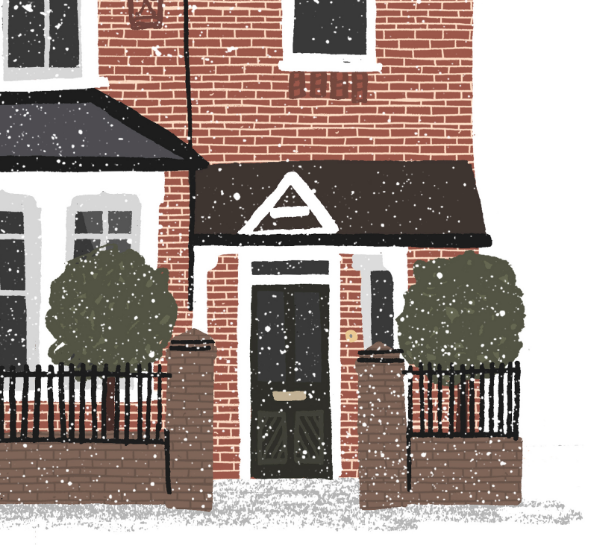 Close up of the snowy house