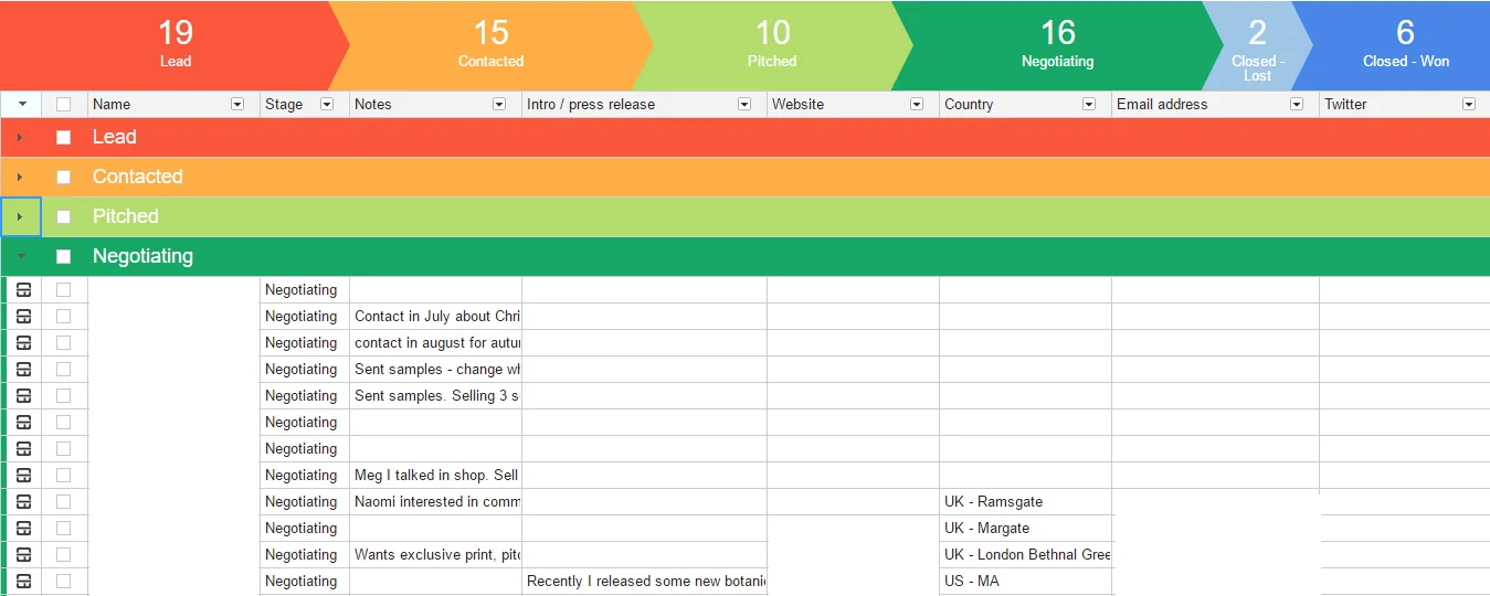 The streak interface tracking stockists. Contact details are whited out.
