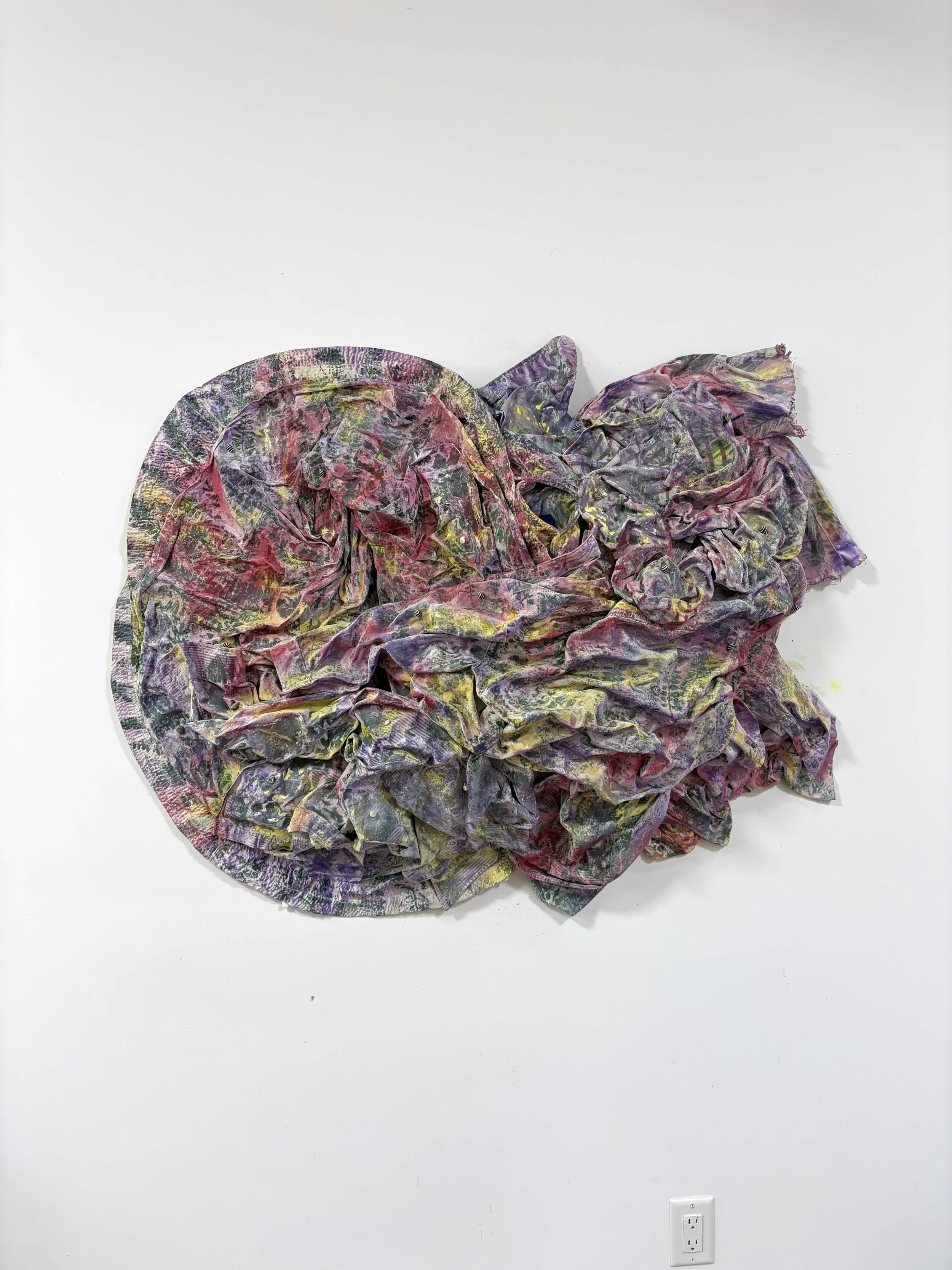  Clothing, adhesive, shells, smalt, acrylic, cement  Approx. dimensions 51” x 35” x 11” 