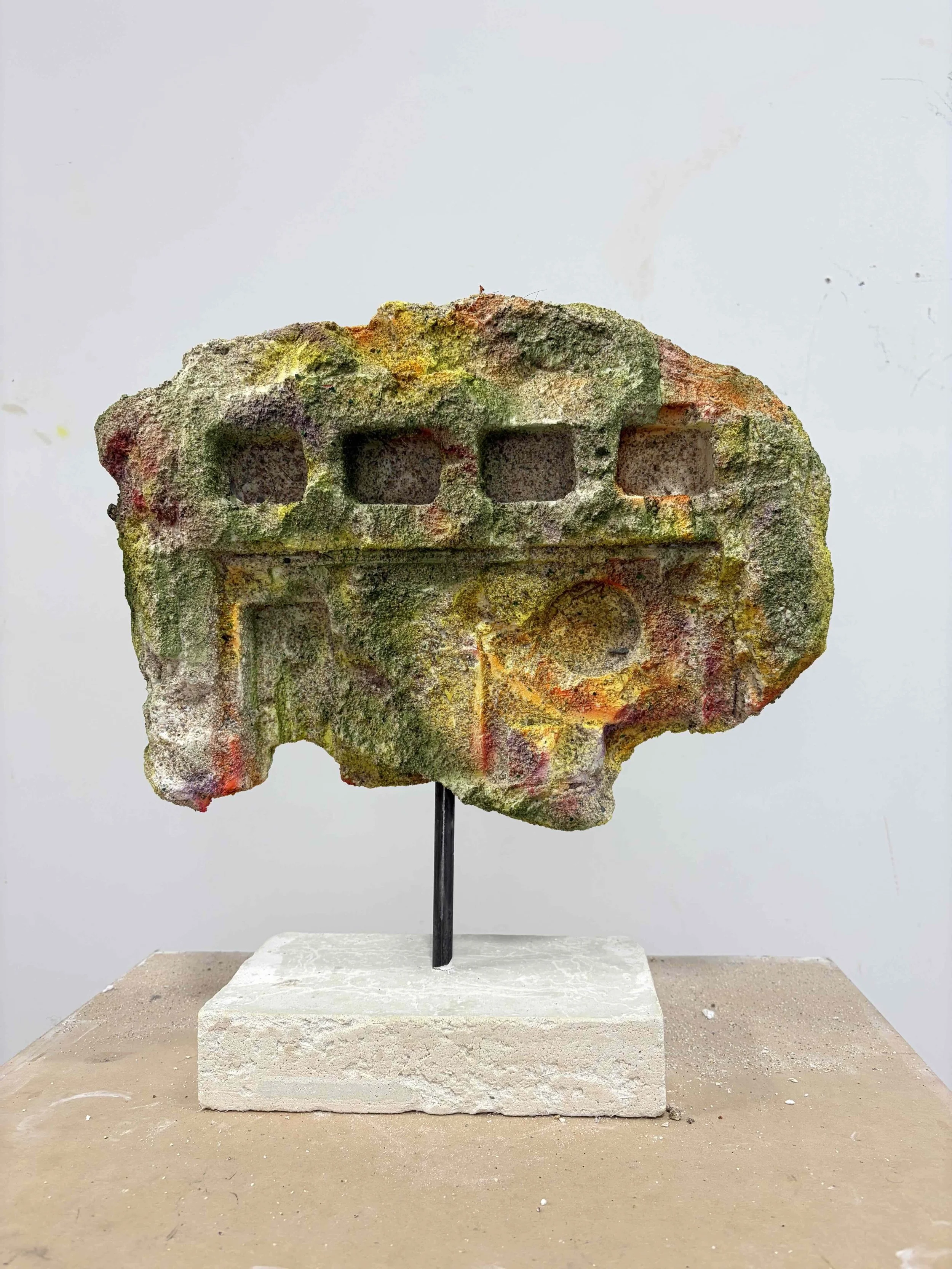  Styrofoam, glass, granite, adhesive, acrylic, steel  Approx. dimensions 13” x 18” x 3” 