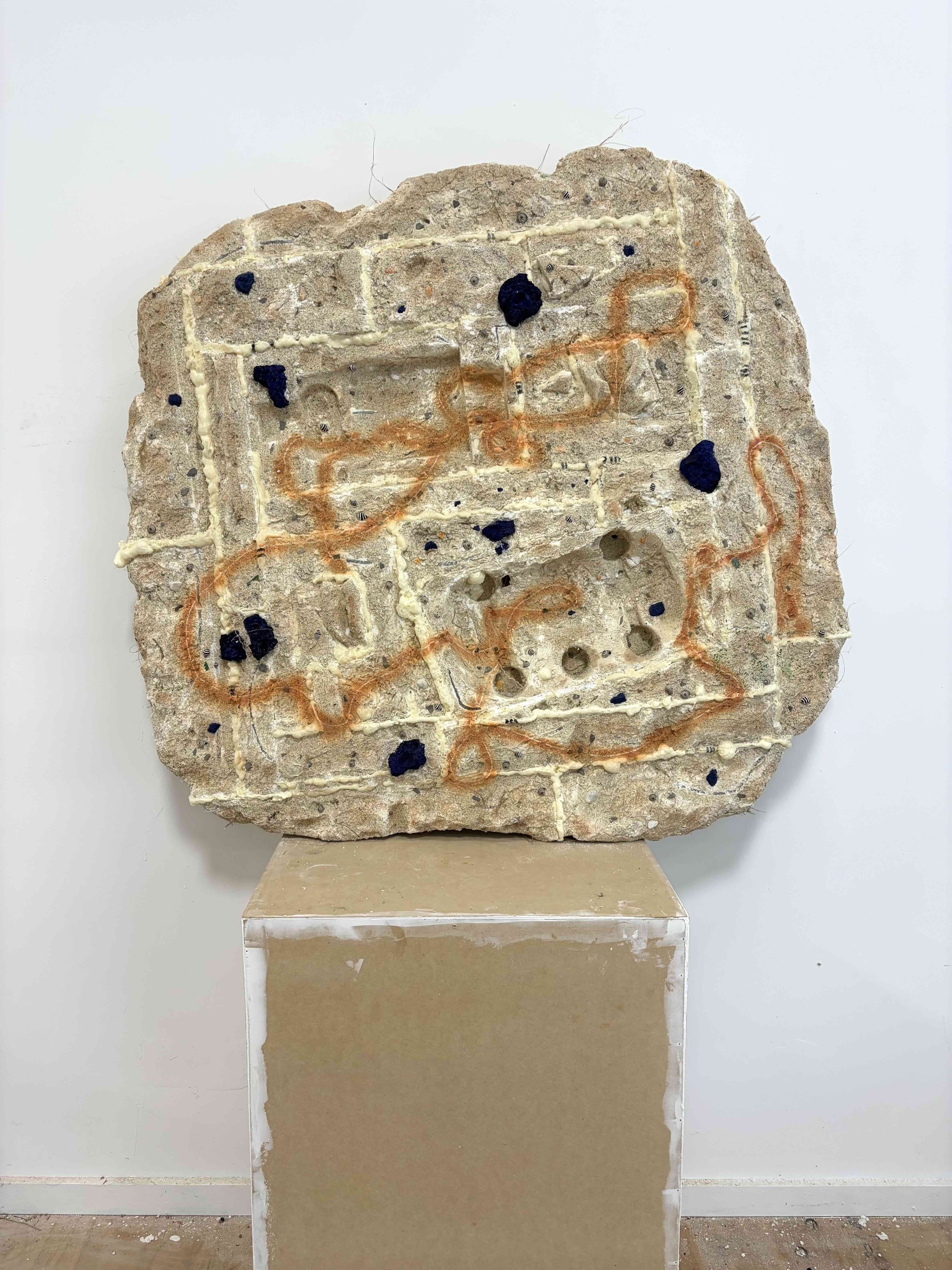  Styrofoam, granite, glass, stones, alabaster, shells, adhesive, smalt, palm husk, acrylic  Approx. dimensions 38” x 44” x 7” 