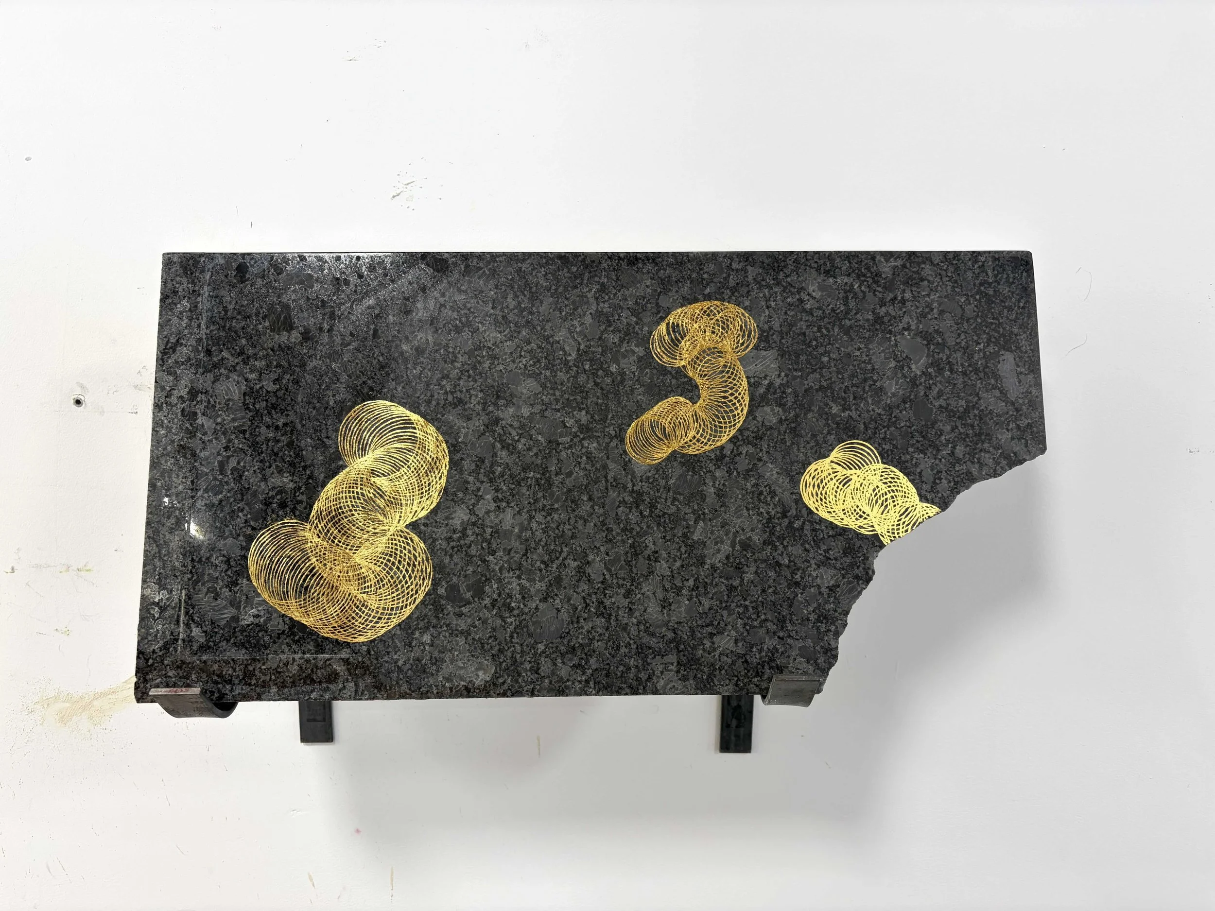  Granite kitchen countertop remnant, 24k gold leaf, steel  Approx. dimensions 26” x 13” x 1” 