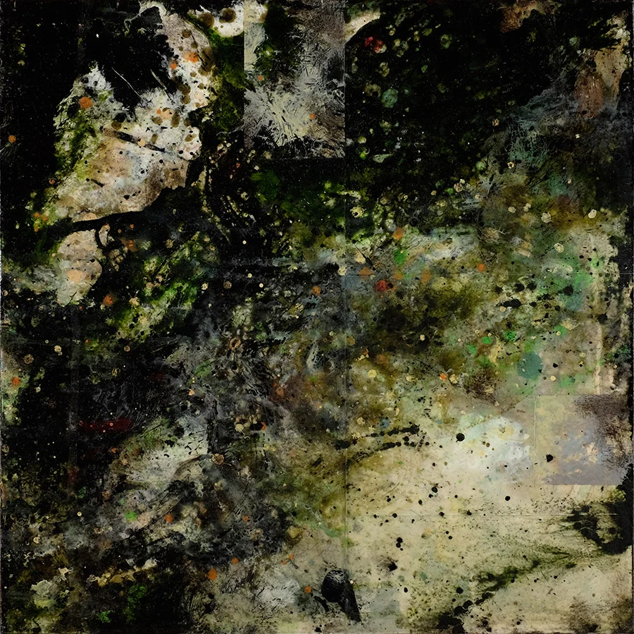 Waterline - Reflection : Compilation #10 Acrylic polymer on wood panel (pierced hardboard paneling with overpainting) 16 x 16 in., 1999-2006