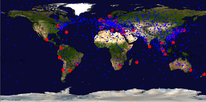 The World is its Own Model: Optimal trading points (blue) between different markets (red). (Image Credit: Wissner-Gross and Freer ).