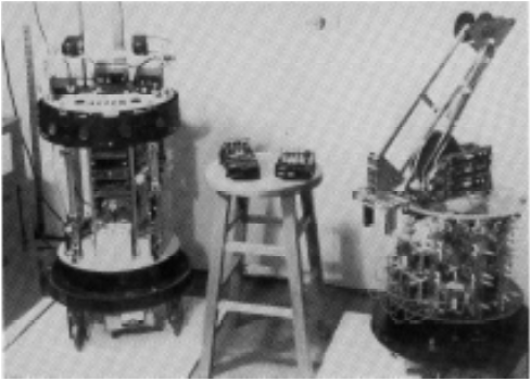 Mobile robots at the MIT AI Lab (from left to right): Allen, Tom and Jerry, Herbert (Image Credit: Rodney Brooks ).
