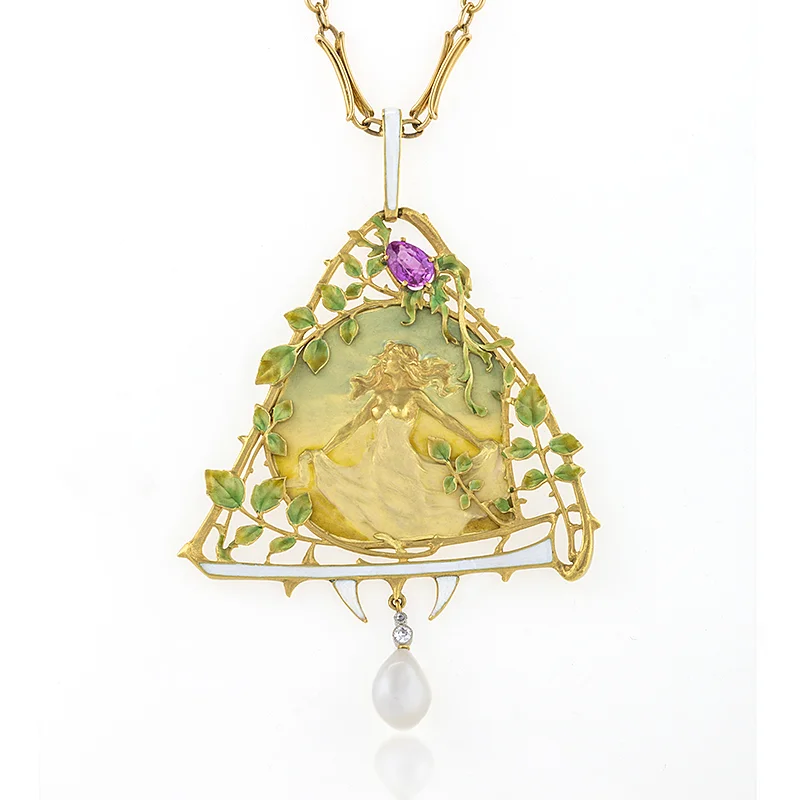 A French Art Nouveau 18 karat gold pendant with pink sapphire, diamonds and pearl by Lucien Gautrait, Circa 1900