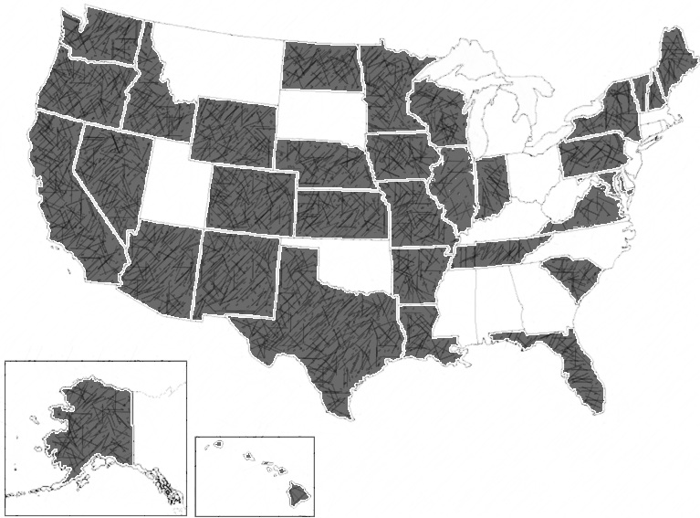 Alaska, Arizona, Arkansas, California, Colorado, DC, Florida, Hawaii, Idaho, Illinois, Indiana, Iowa, Kansas, Louisiana, Maine, Maryland, Michigan, Minnesota, Missouri, Nebraska, Nevada, New Hampshire, New Mexico, New York, North Dakota, Oregon, Pennsylvania, South Carolina, Tennessee, Texas, Vermont, Virginia, Washington, Wisconsin, Wyoming