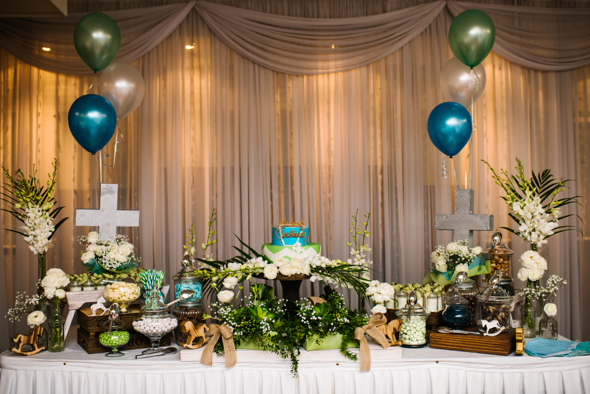 Blue green gold christening reception decor