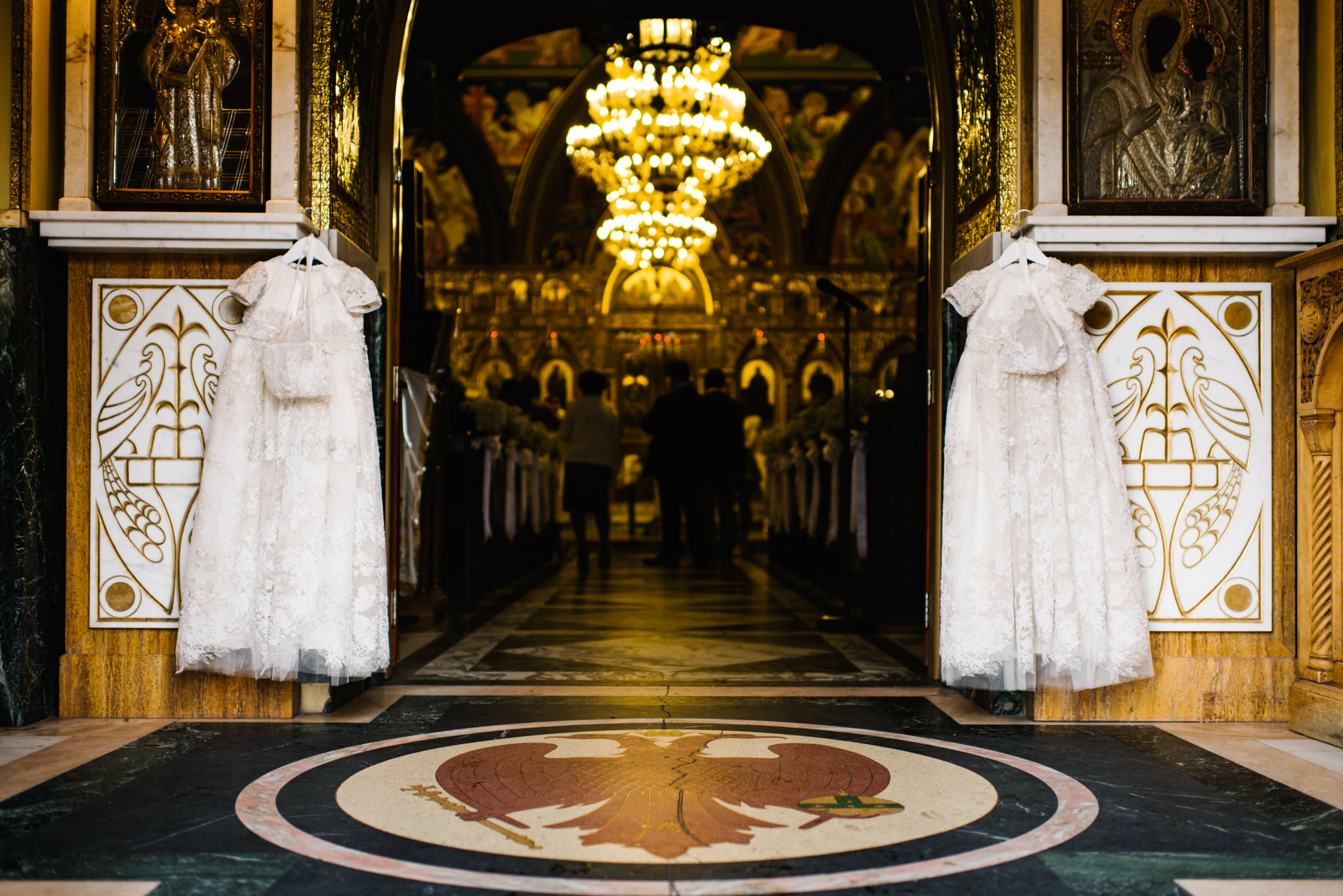 Christening gowns outside of St Nectarios church