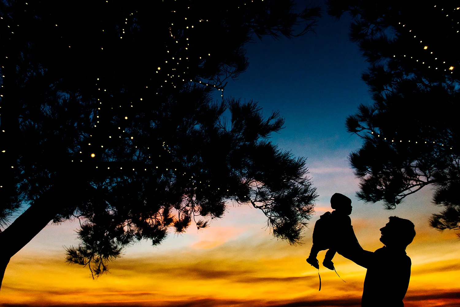 Silhouette with dad and baby at christening reception, la Montage