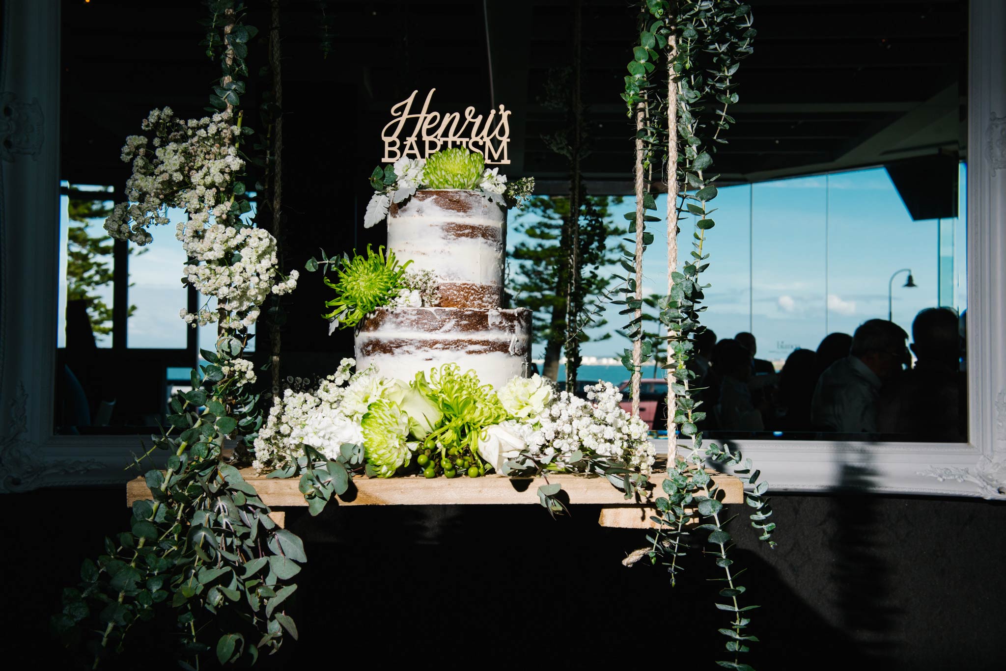 Floral, green and white rustic christening cake