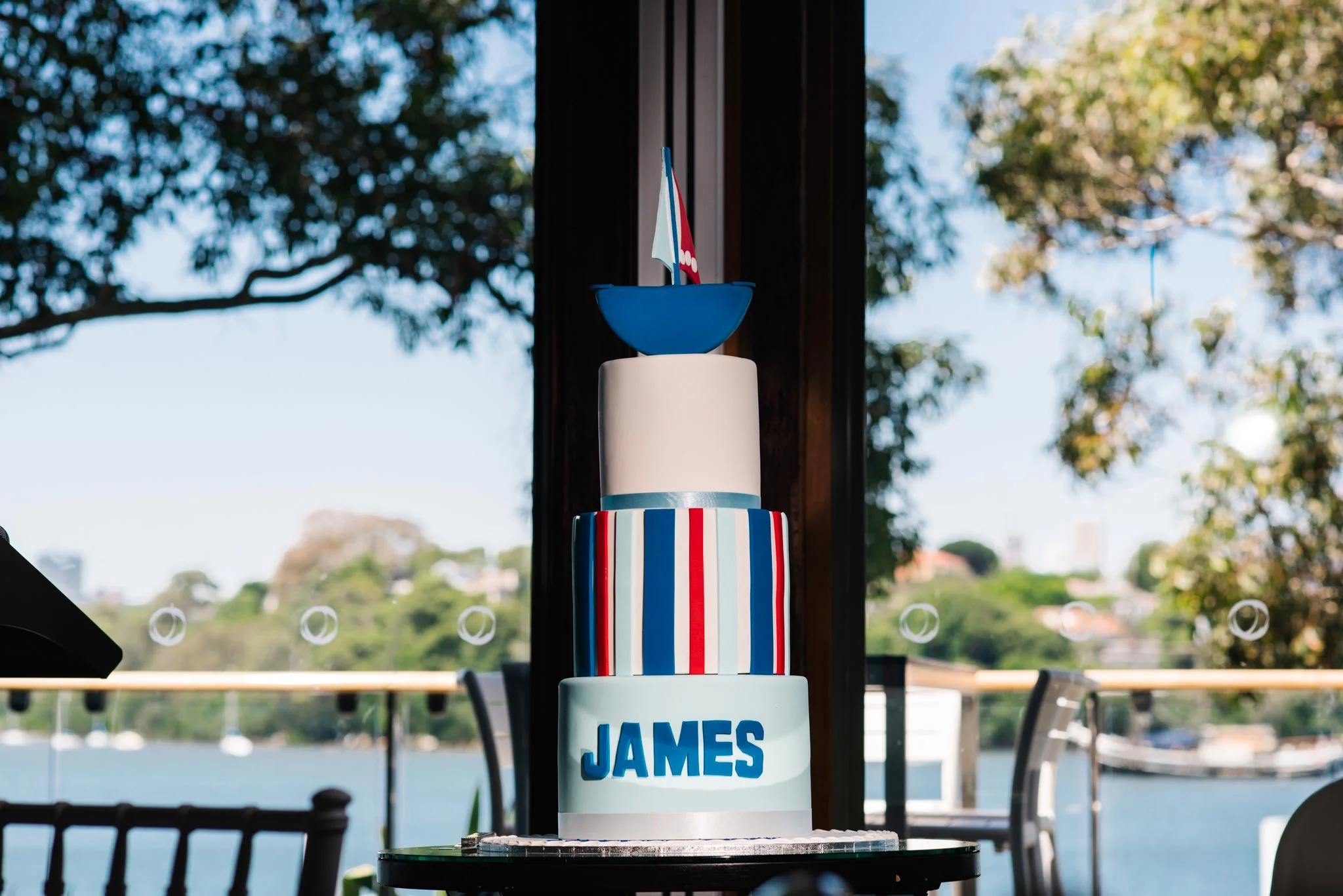 Striped red, white and blue christening cake