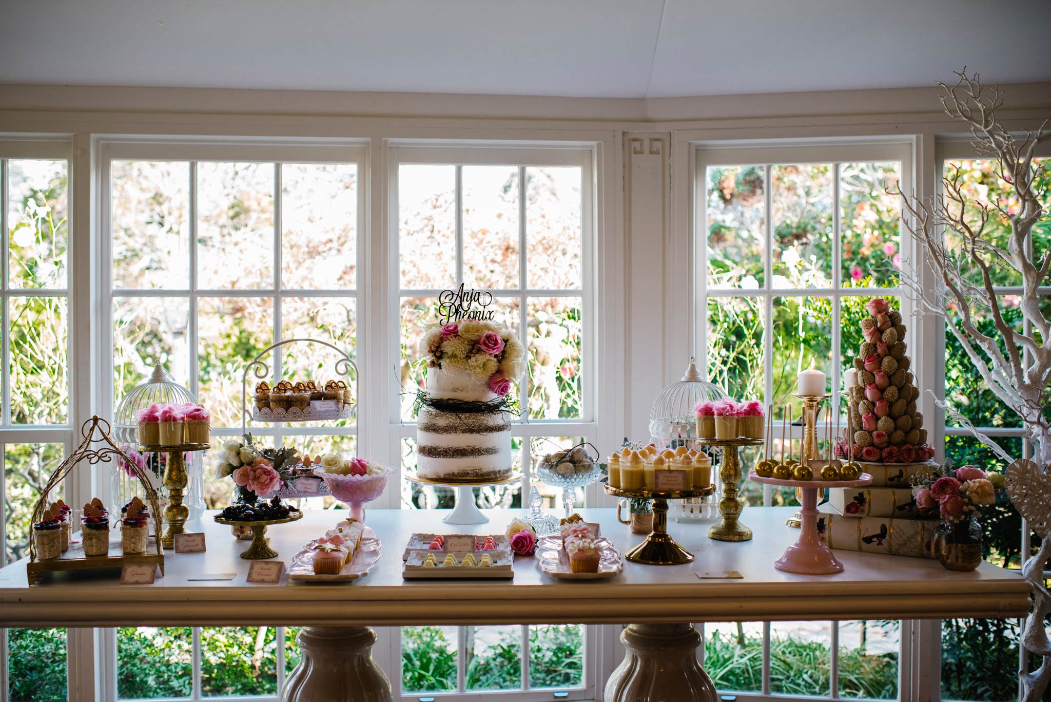 Rustic country cake table at Oatlands House christening reception