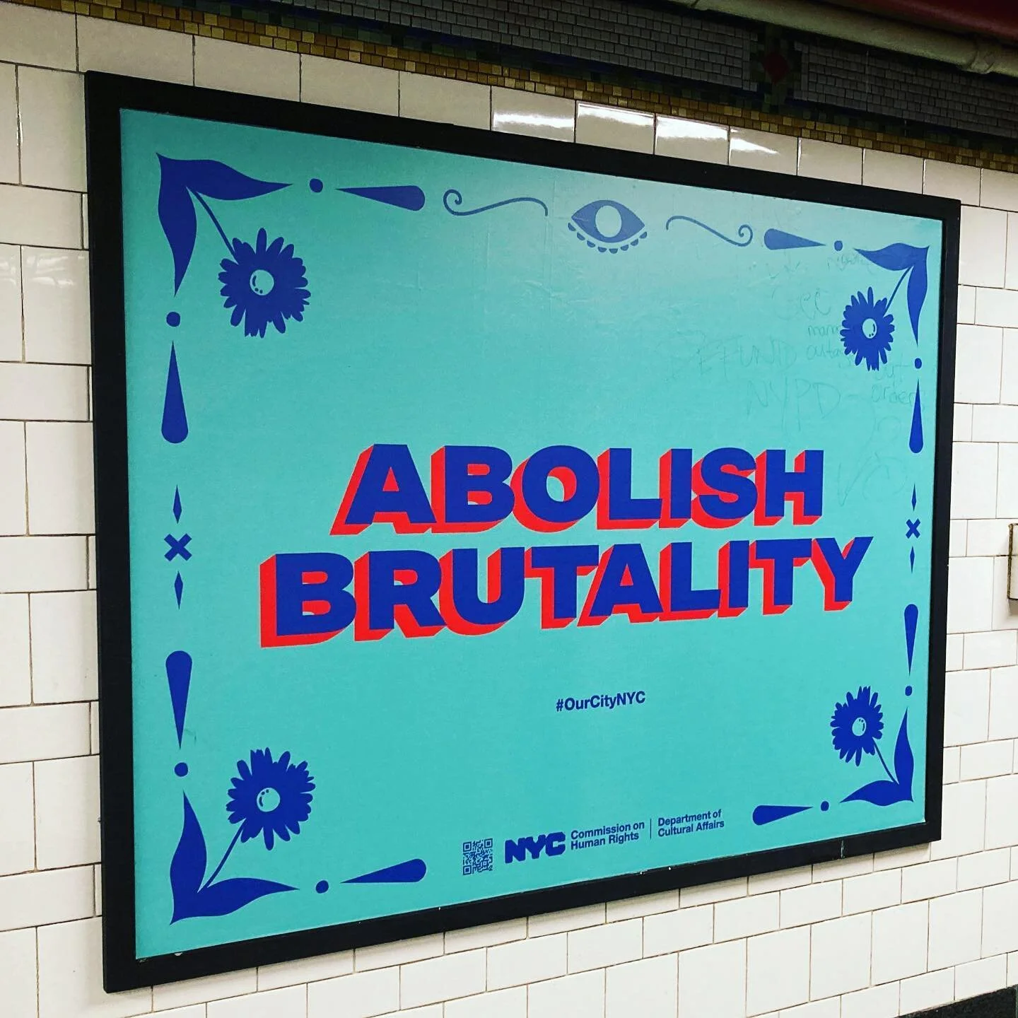 messages 🗯 
&bull;&bull;&bull;
[id: 1️⃣ turquoise poster in #subway station with the words #abolishbrutality in purple &amp; blue text 2️⃣ Transgender Day of Remembrance artwork by #Uman on exterior of #CallenLorde Center honoring the lives of 23 Bl