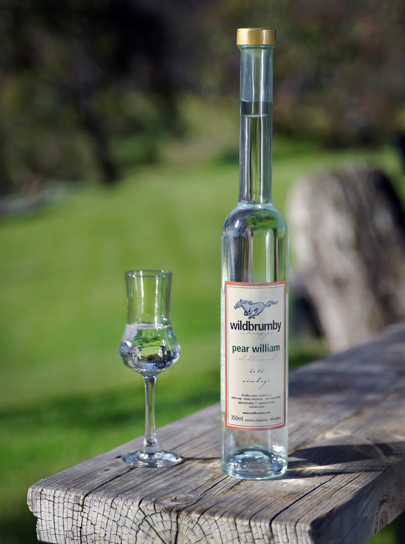 Bottle of Wildbrumby schnapps pear william sits on wooden bench with green background