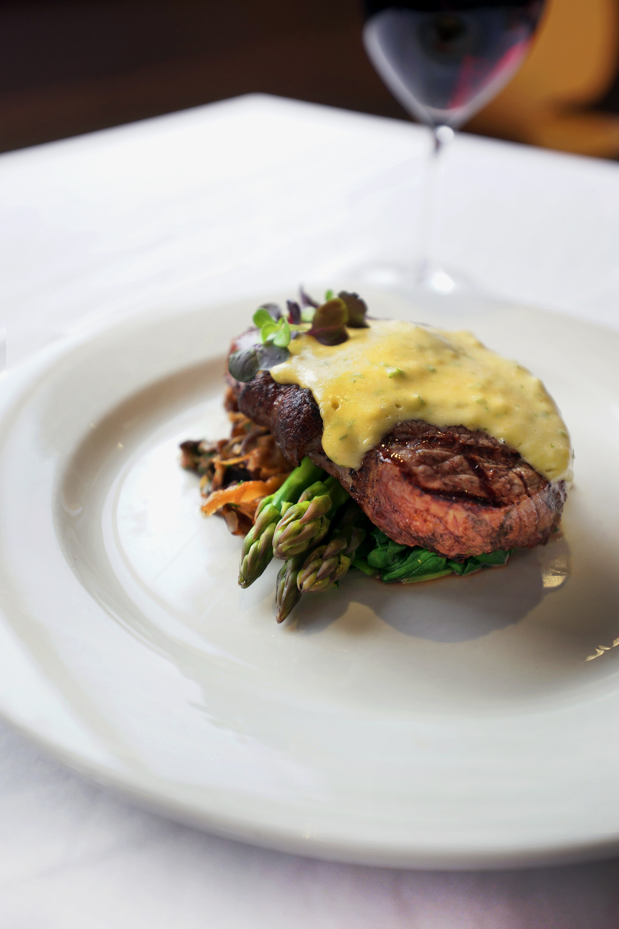 Steak on asparagus, Cascades Restaurant 