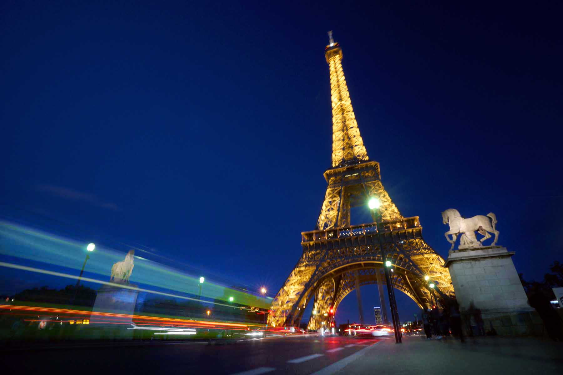 The Eiffel Tower lit up at night