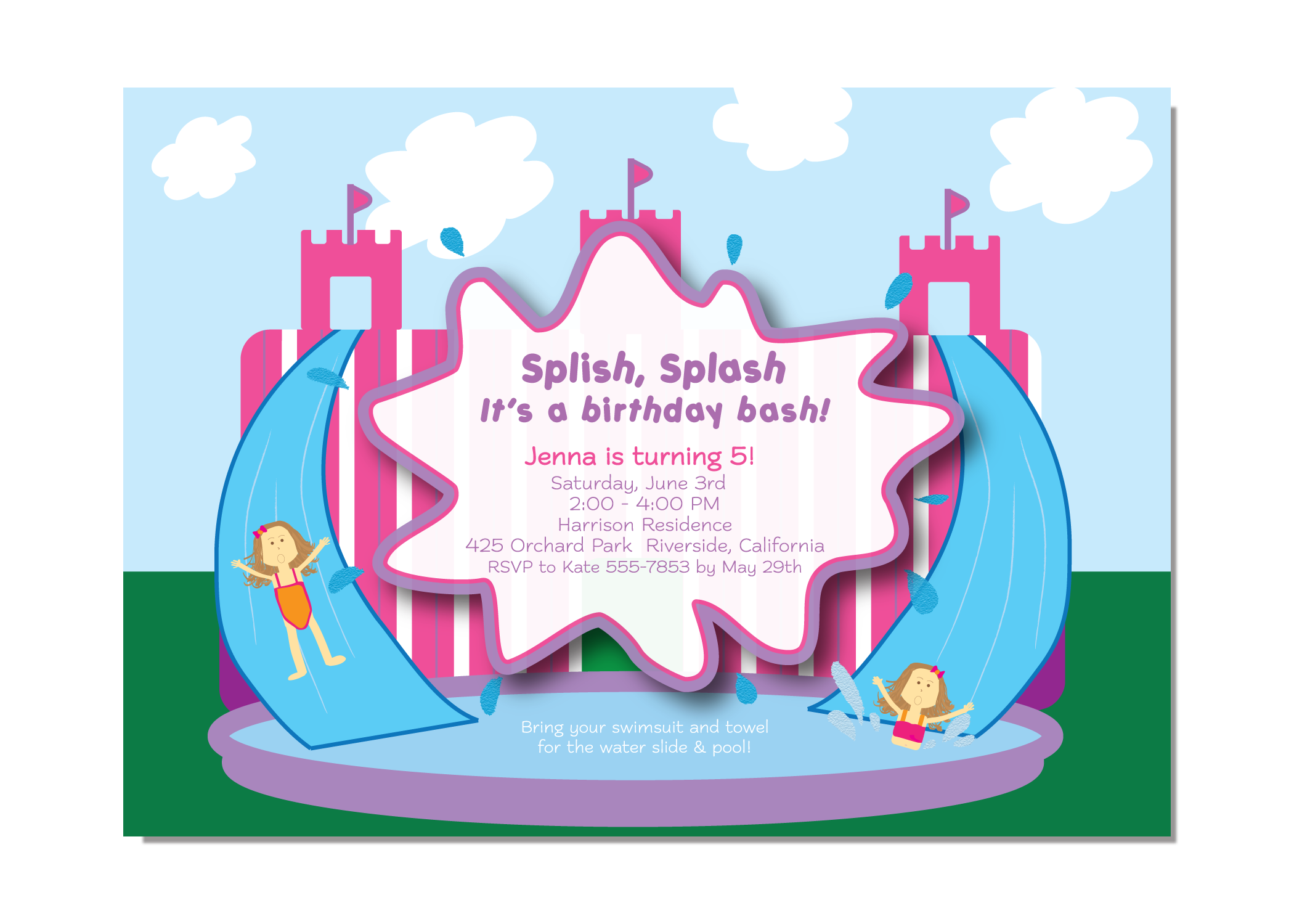 girl waterslide birthday invitation
