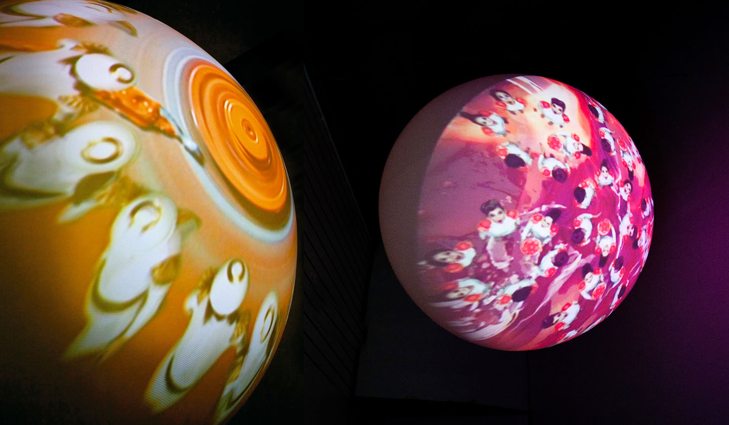 Videoplanet 2010 single-channel video, 11:33 min, looped, sphere, satellite with video projector, media player, speakers, video projection on floating sphere