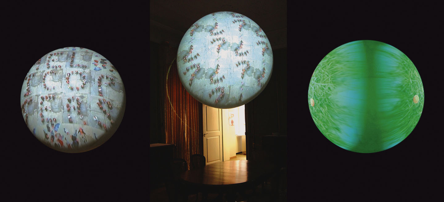 Videoplanet 2006 video projection on floating sphere. Single-channel video, 8:38 min, looped sphere, satellite with video projector, media player, speakers acrylic sphere, variable dimension 50 cm - 4 m (1.5 – 8 ft.) diameter