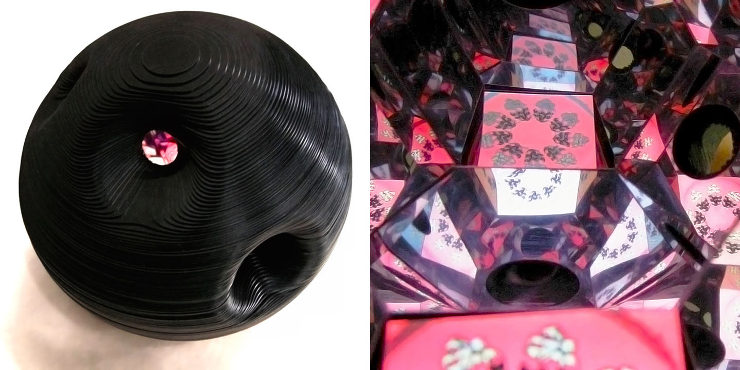 Miniverse 4 , 2009 Layered black acrylic sphere Kaleidoscope, 35 cm / 14 inches diameter. Video screen embedded Video 3:30min, looped.