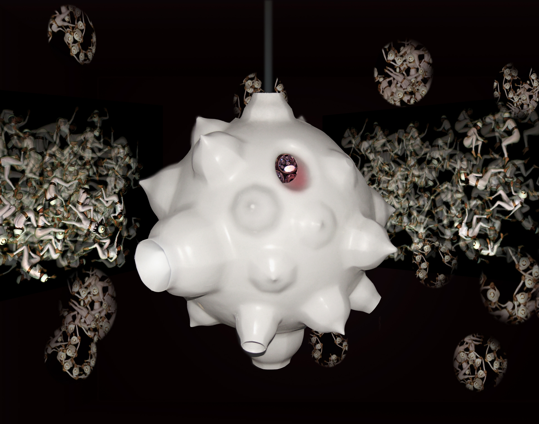 Suspended, lacquered MDF sculpture 55cm / 20inches diameter Internal kaleidoscope, video 5.20min, looped 4-channel video, 3:30min, looped