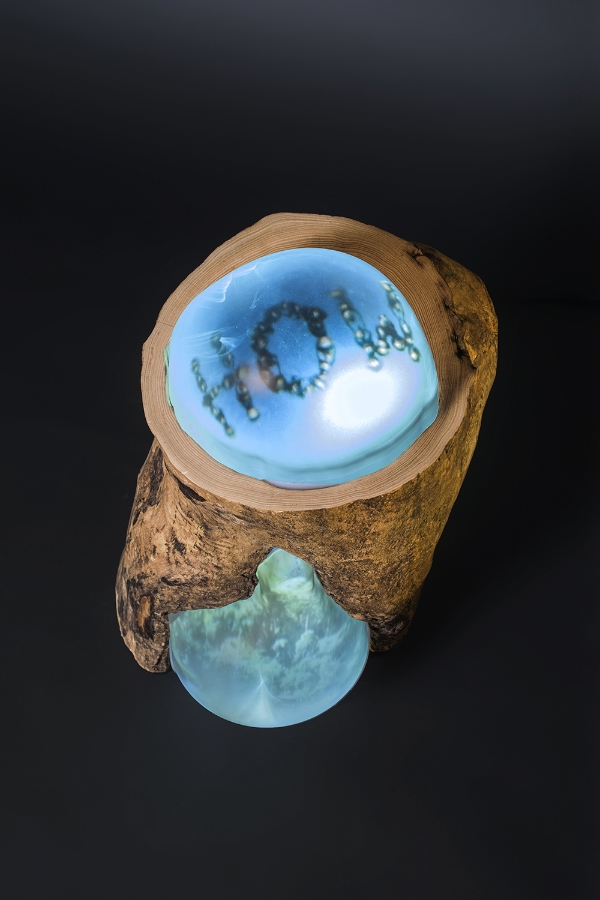 How is the shade of 3D printed trees? 2015 Gray Elm Tree stump with 3 video-bubbles 3-channel video-composition with sound, 9:20 min, looped video projectors embedded in found tree stump, on/ off switch and sound control 16 x 18 x 31.5 in / 35 x 40 x 80 cm Image courtesy of Timur York