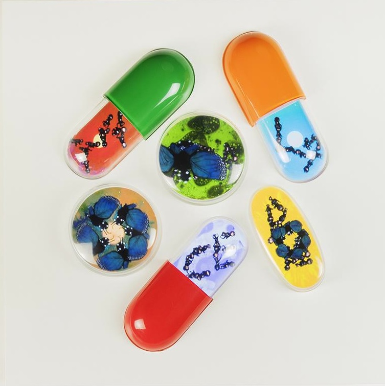 Can CO2 Be Eaten by Invisible Butterflies? 2015 6-Channel video-composition with sound, 5:35min, looped Self-contained video-sculpture, acrylic pills, video screen embedded in white finished acrylic case 19.6 x 19.6 x 4 in / 50 x 50 x 10 cm