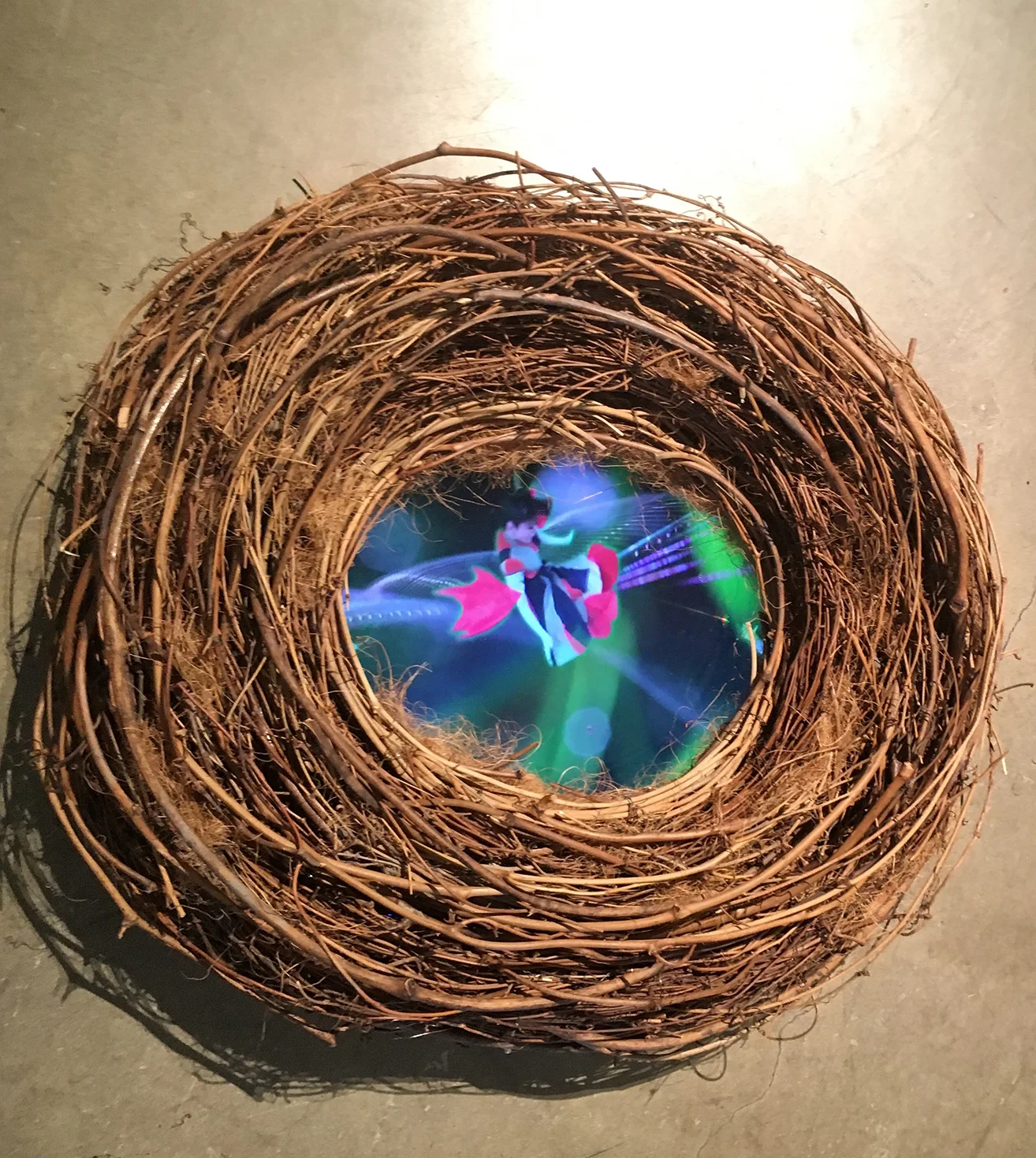 What do they call the flower that flies from bird to bird? 2017 Single-channel video composition with sound, 7:40min, looped Video screen embedded in bird’s nest rechargeable batteries on/off switch and sound control Edition Unique
