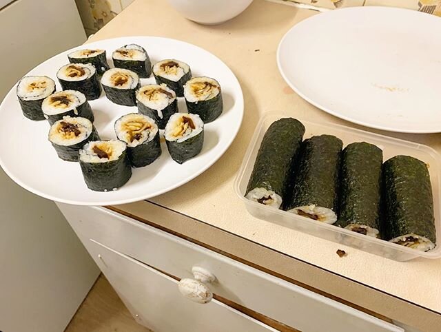 Isolation cooking day. First attempt at a mushroom and omelette sushi.