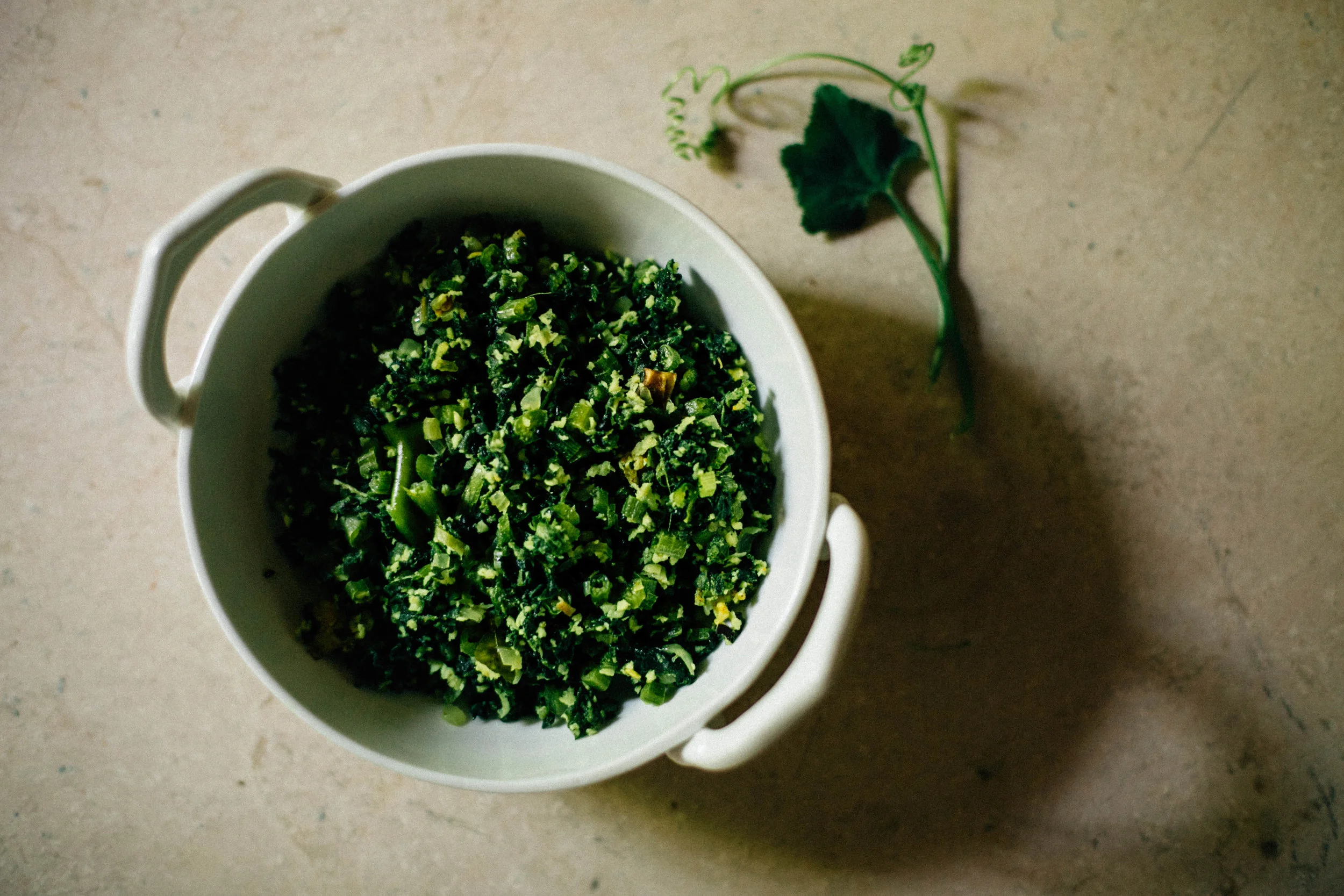Pumpkin Leaf Thoran with Shrimp and Coconut