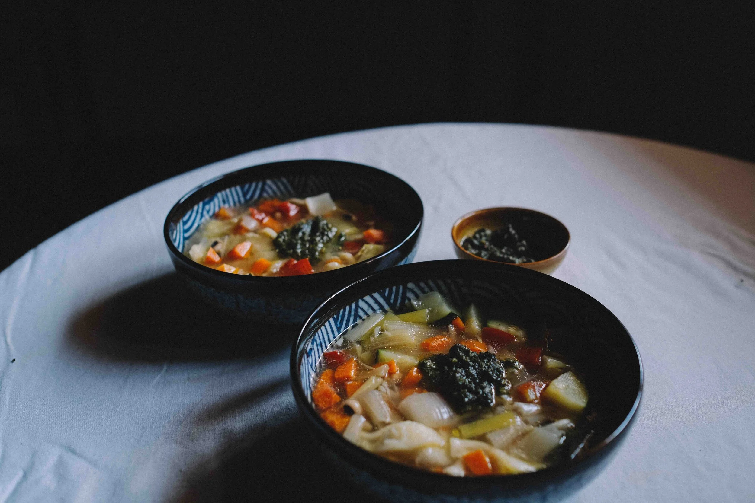 Vegetable Pasta Soup with Coriander Pesto
