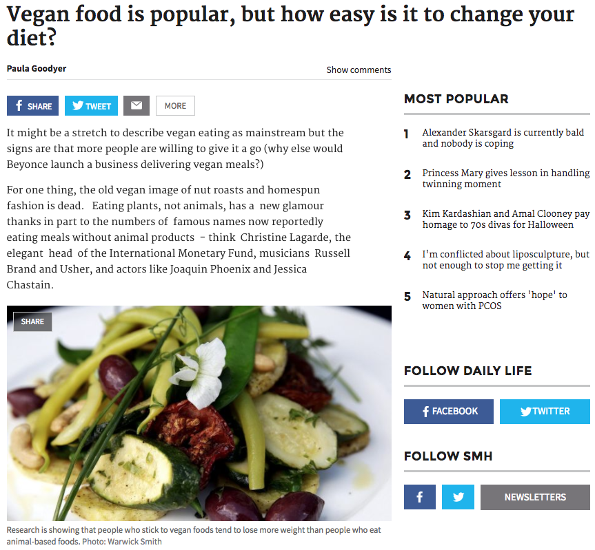 'Vegan food is popular, but how easy is it to change your diet?' - Sydney Morning Herald