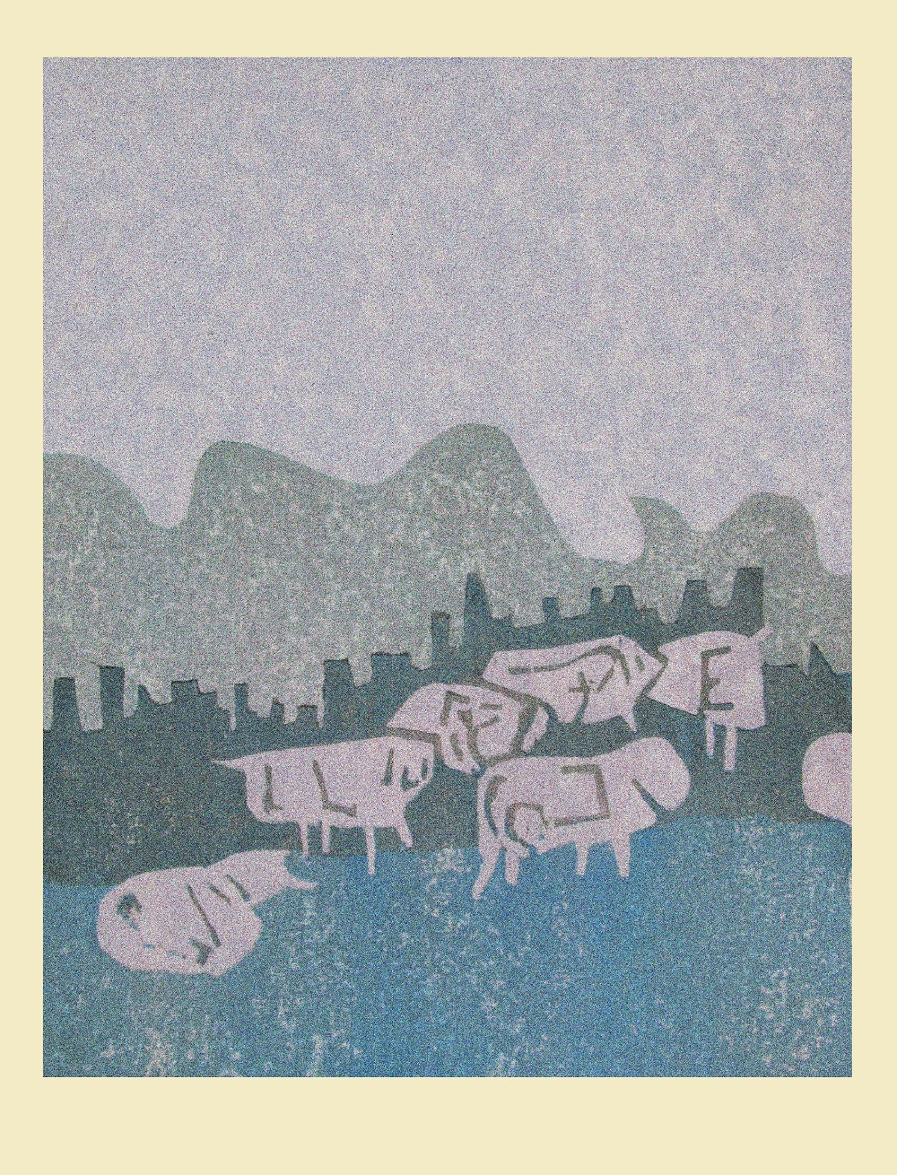 Cows on shore Woodblock print 23x15cm 2017