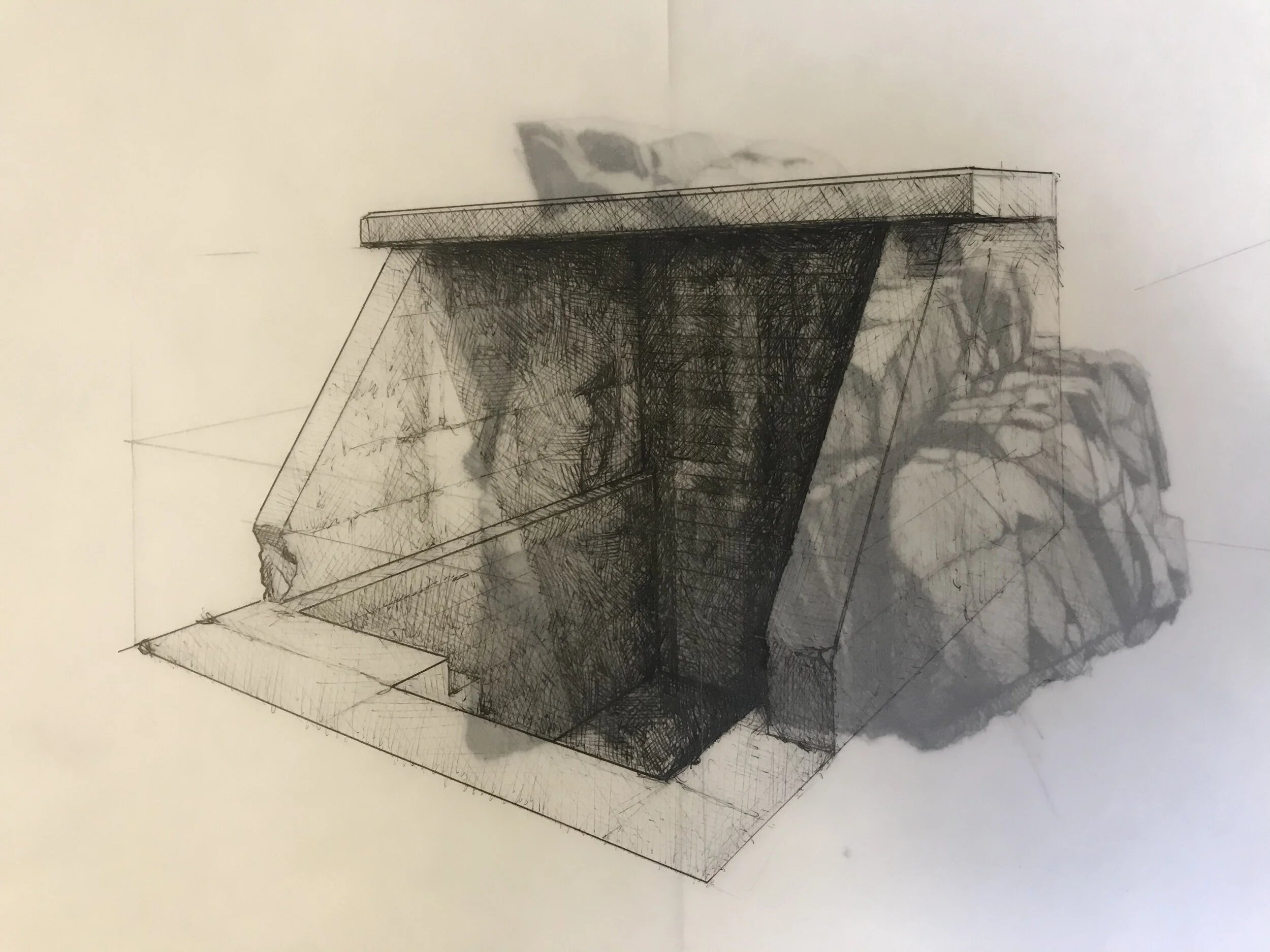 ‘The Gong Station’, 2020, pen and ink on tracing paper.