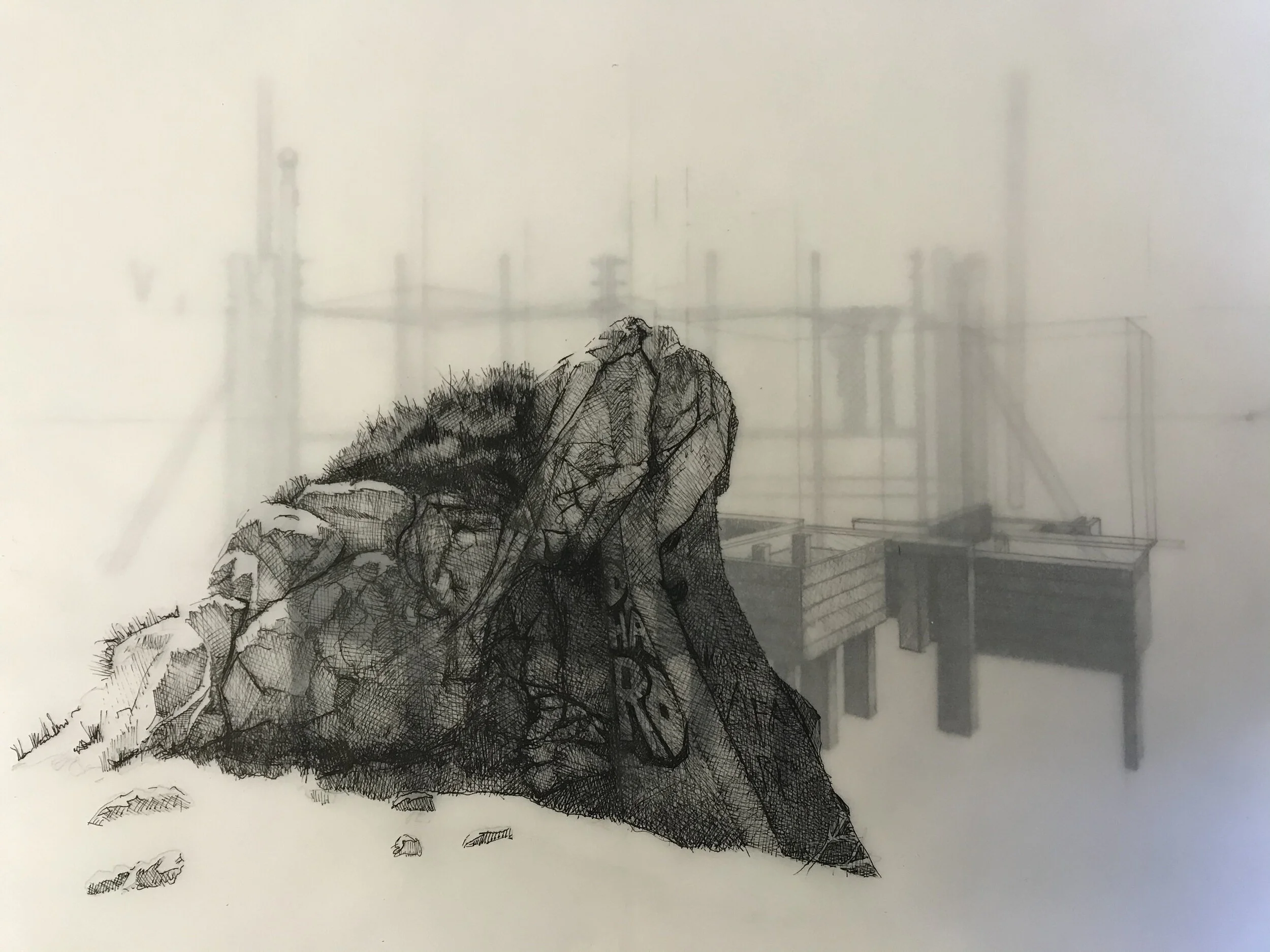 ‘Okno’, 2020, pen and ink on tracing paper.
