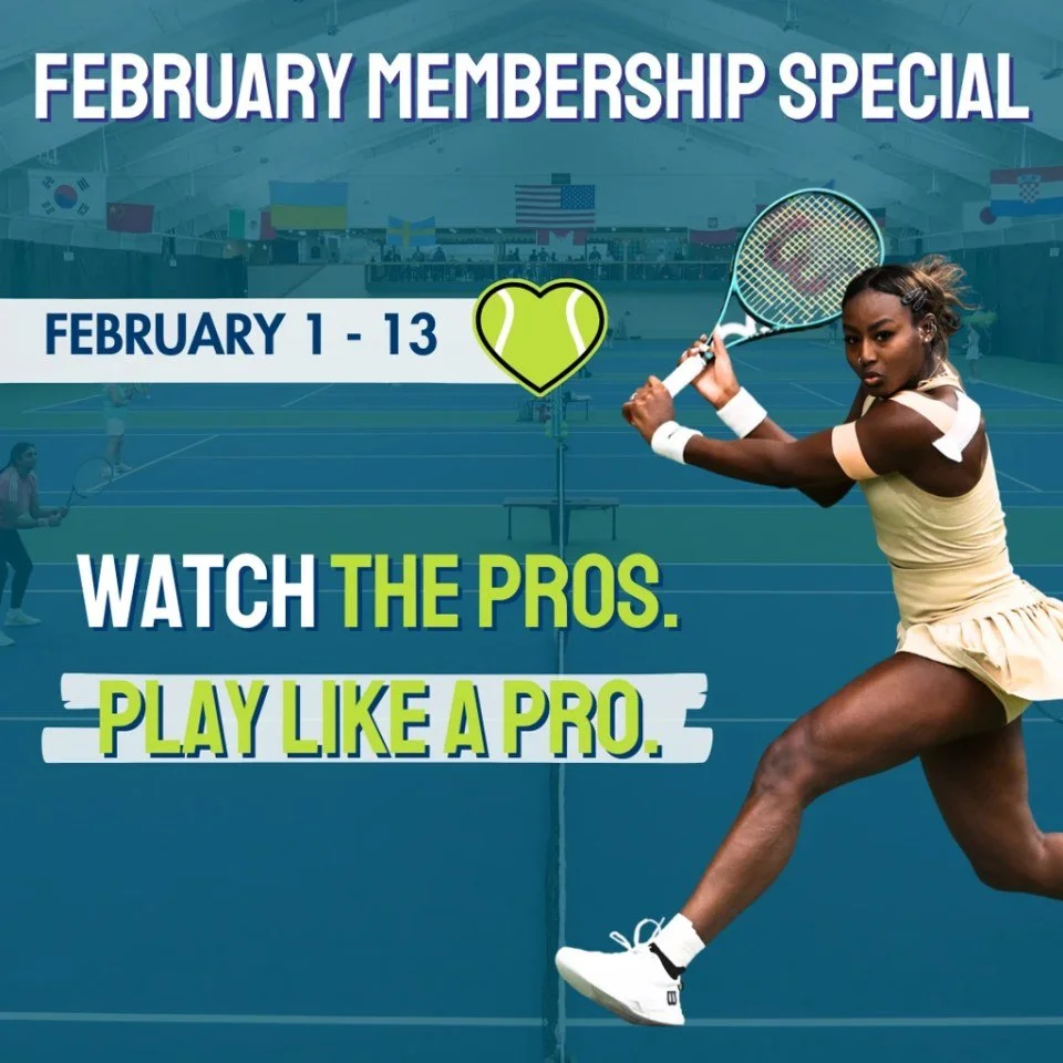 Watch the pros in action at the Dow Tennis Classic and then bring that inspiration back to the courts! 🎾
When you sign up for a new membership between February 1 - 13, you&rsquo;ll be entered to win a free 1-hour lesson with one of our tennis pros. 