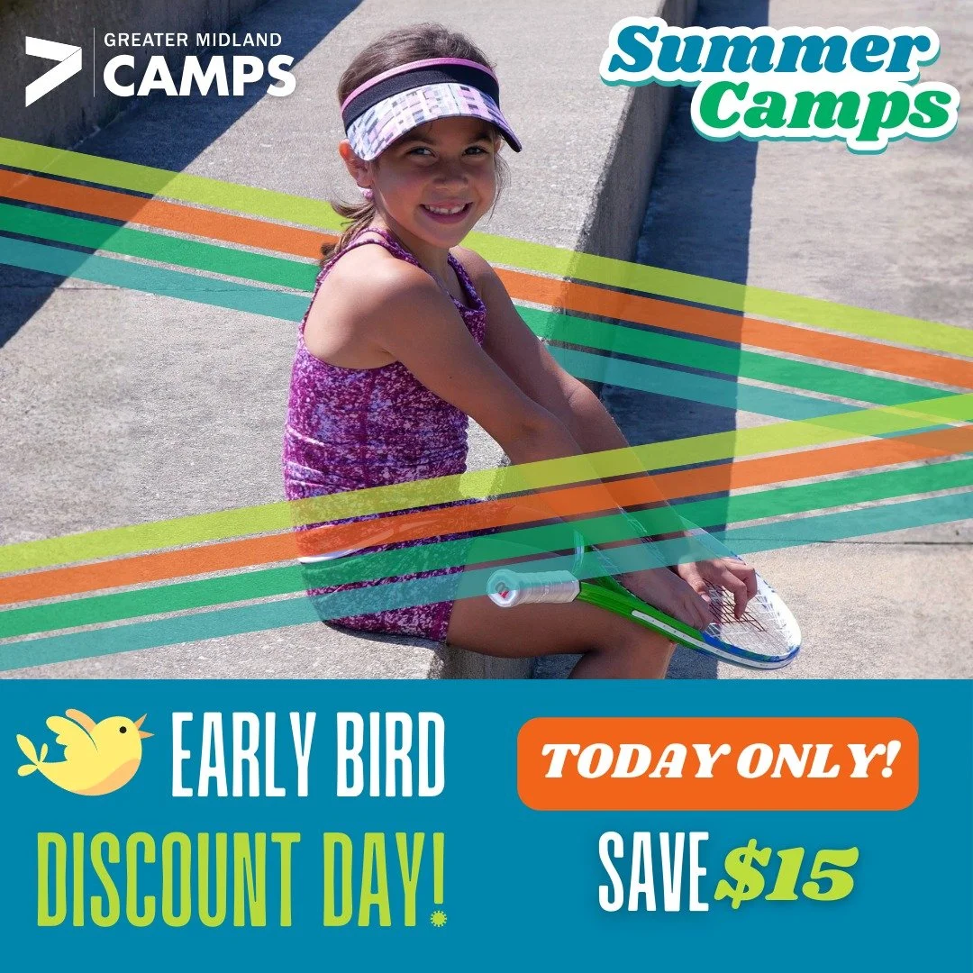 A little birdie told me it is officially Summer Camp Early Bird Discount Day! 🐤

TODAY ONLY, save $15 on EVERY camp registration. 🙌

But hurry, spots fill up FAST so register ASAP! ➡️ greatermidland.org/camps