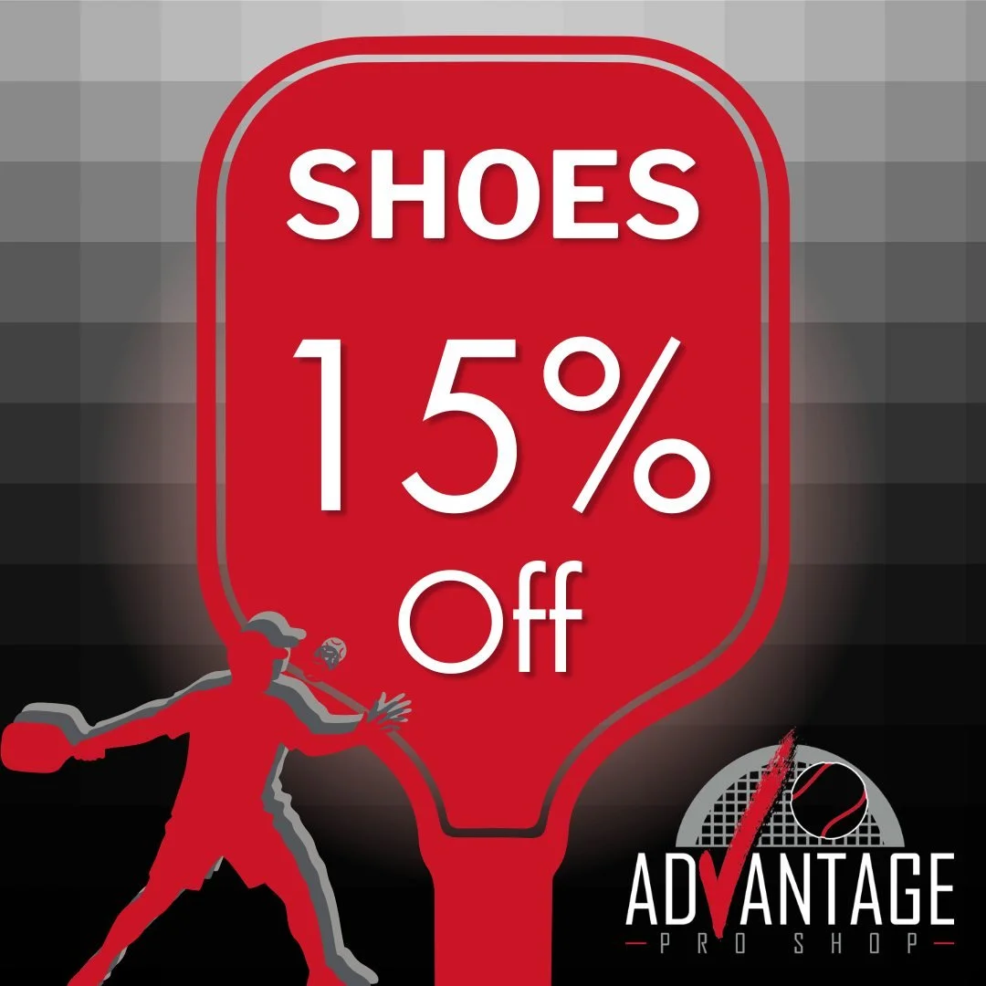 The next phase of our National Pickleball Month sale at Advantage Pro Shop starts today! Come take 15% off shoes, now through April 22, so you can be agile and comfortable on the court with fresh footwear. 👟