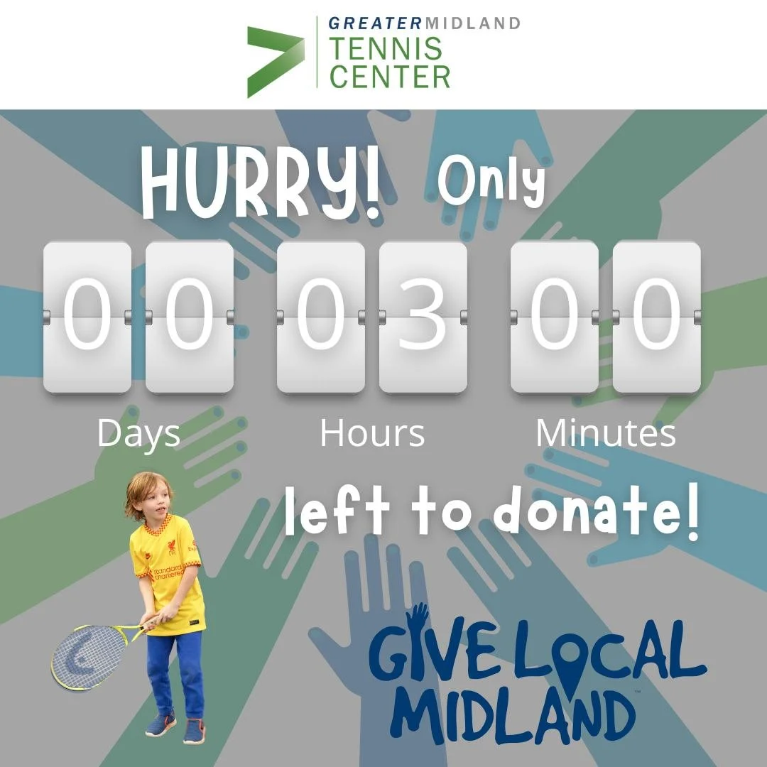 Time is winding down for Give Local Midland! Be sure to make your contribution to the Tennis Center before the clock strikes midnight and this giving campaign comes to a close. 

Donate here: https://www.givelocalmidland.org/organizations/greater-mid