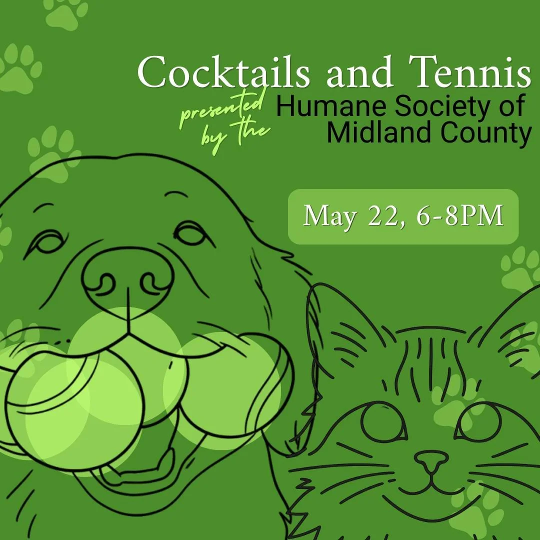 🐾 Only 2 weeks away! 🐶🐱

Get ready for an evening full of tennis, dog snuggles, and kitten cuddles with adorable shelter animals looking for homes and playtime. ❤️

The Humane Society of Midland County is sponsoring Cocktails and Tennis where the 