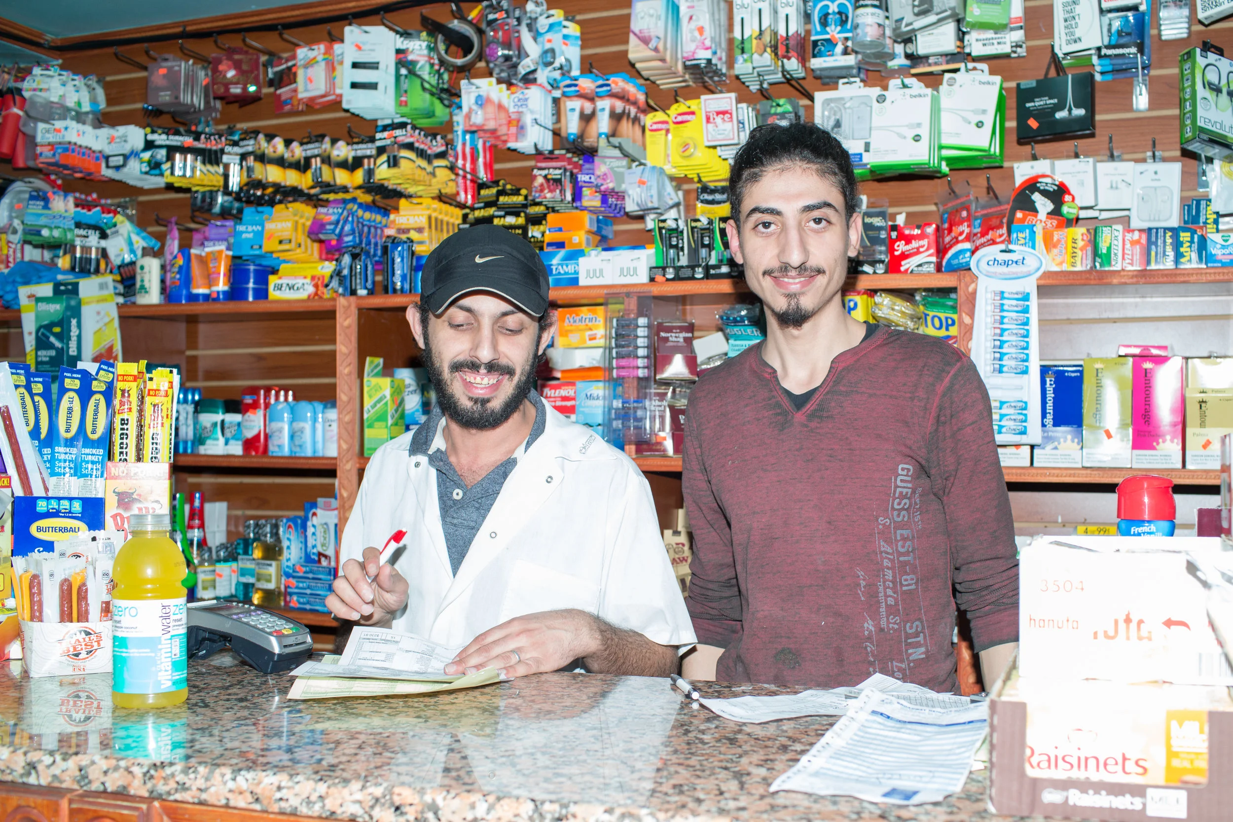 Amer Ali, 45 and Abdulla Yaface, 25 at Quick Stop Deli & Grocery off the Montrose Avenue Station in East Williamsburg. Photographed for a story on how the shutdown will impact bodegas located next to train stops.