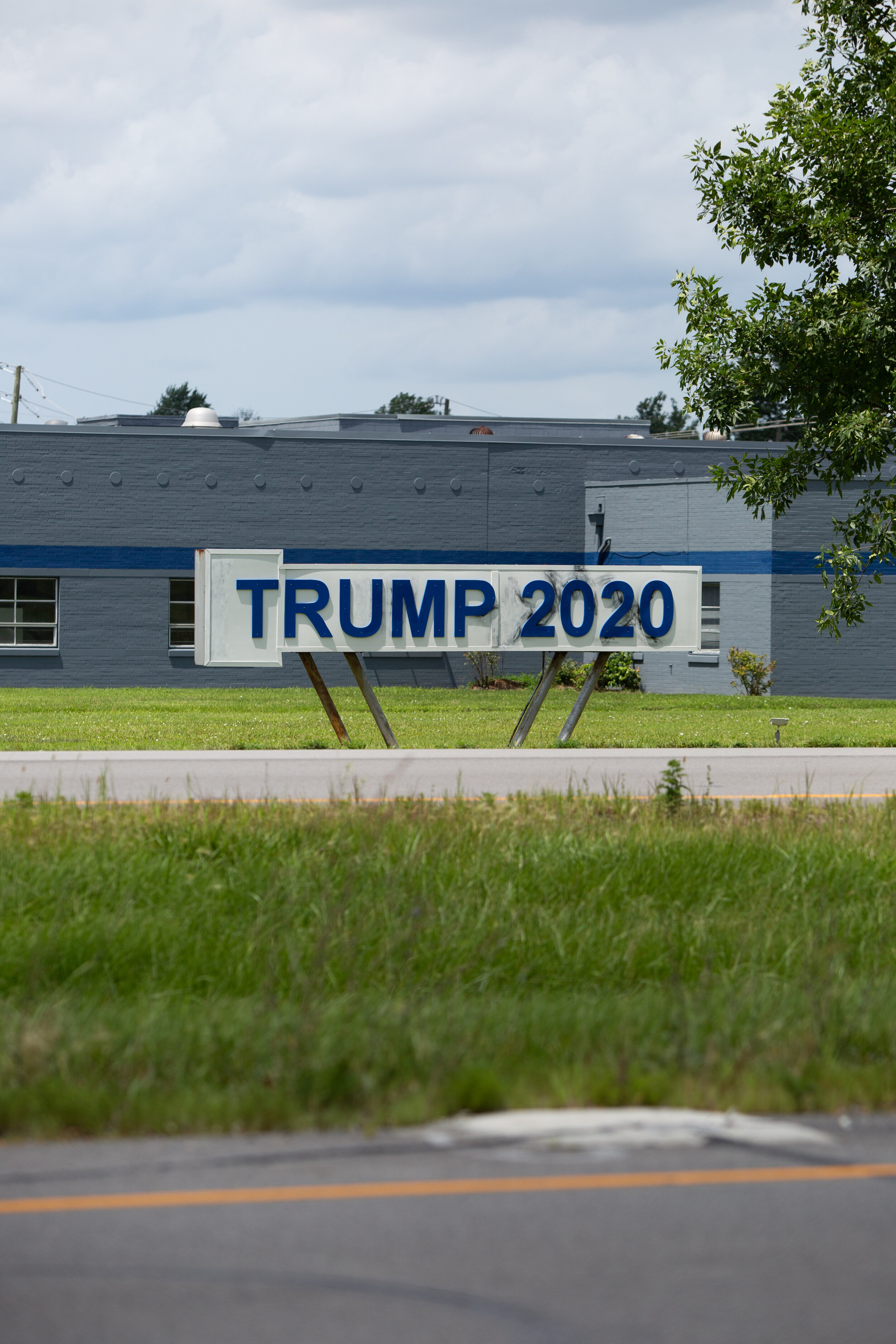 A custom “Trump 2020” sign on the side of the road