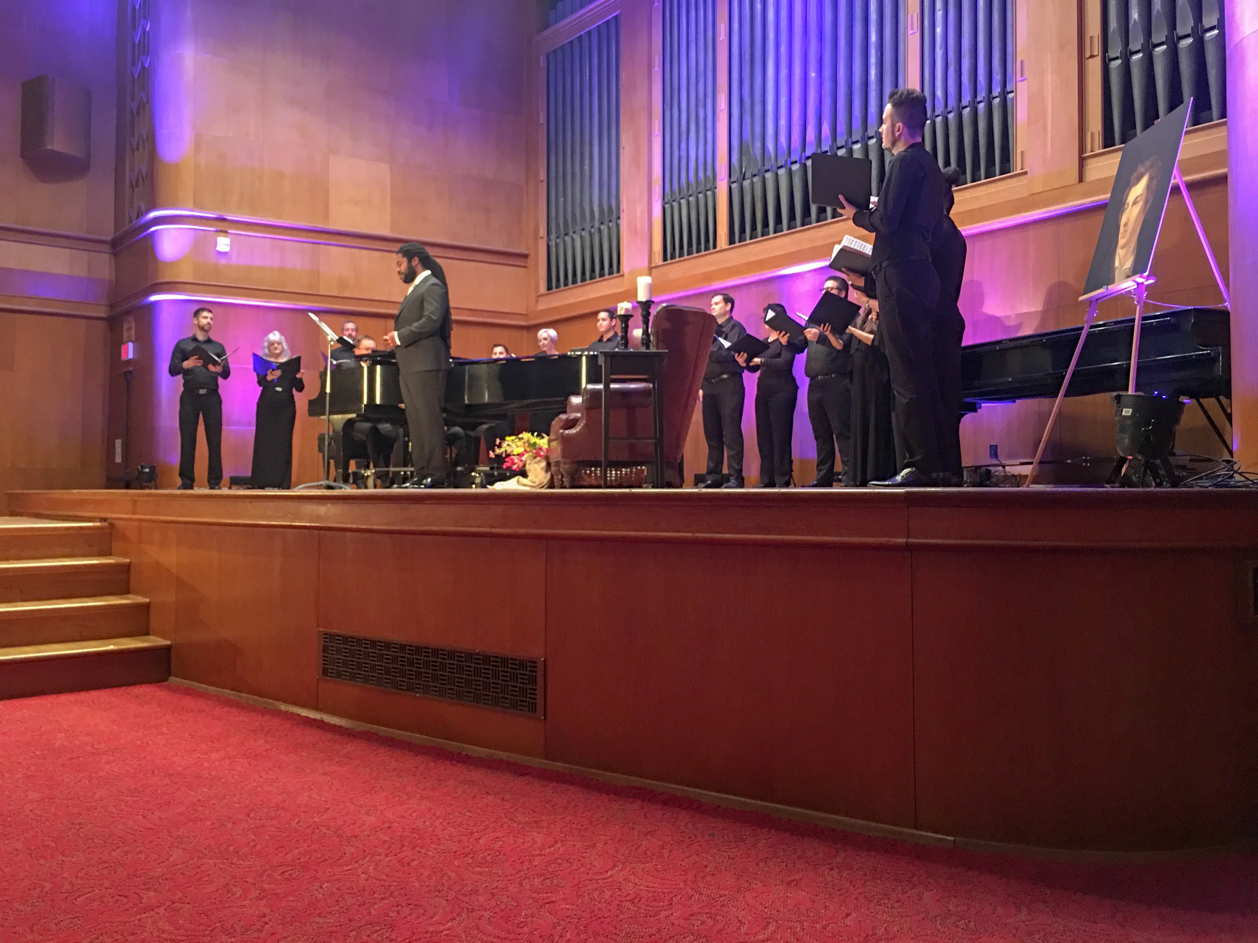 On the beautiful stage of Homer Rainey Hall at the University of Texas Austin, joined by members of the wonderful choir in which I sing, Conspirare. A program of Schumann's Dichterliebe , Vaughan Williams Mystical Songs (pictured), and black spirituals, among other works. 