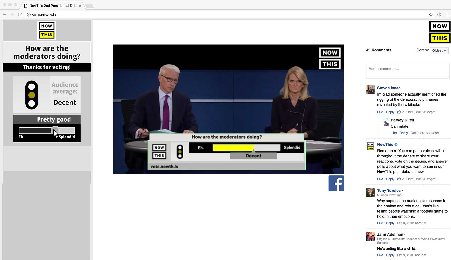 The Megaphone TV interface with Facebook comments and NowThis on Facebook Live.