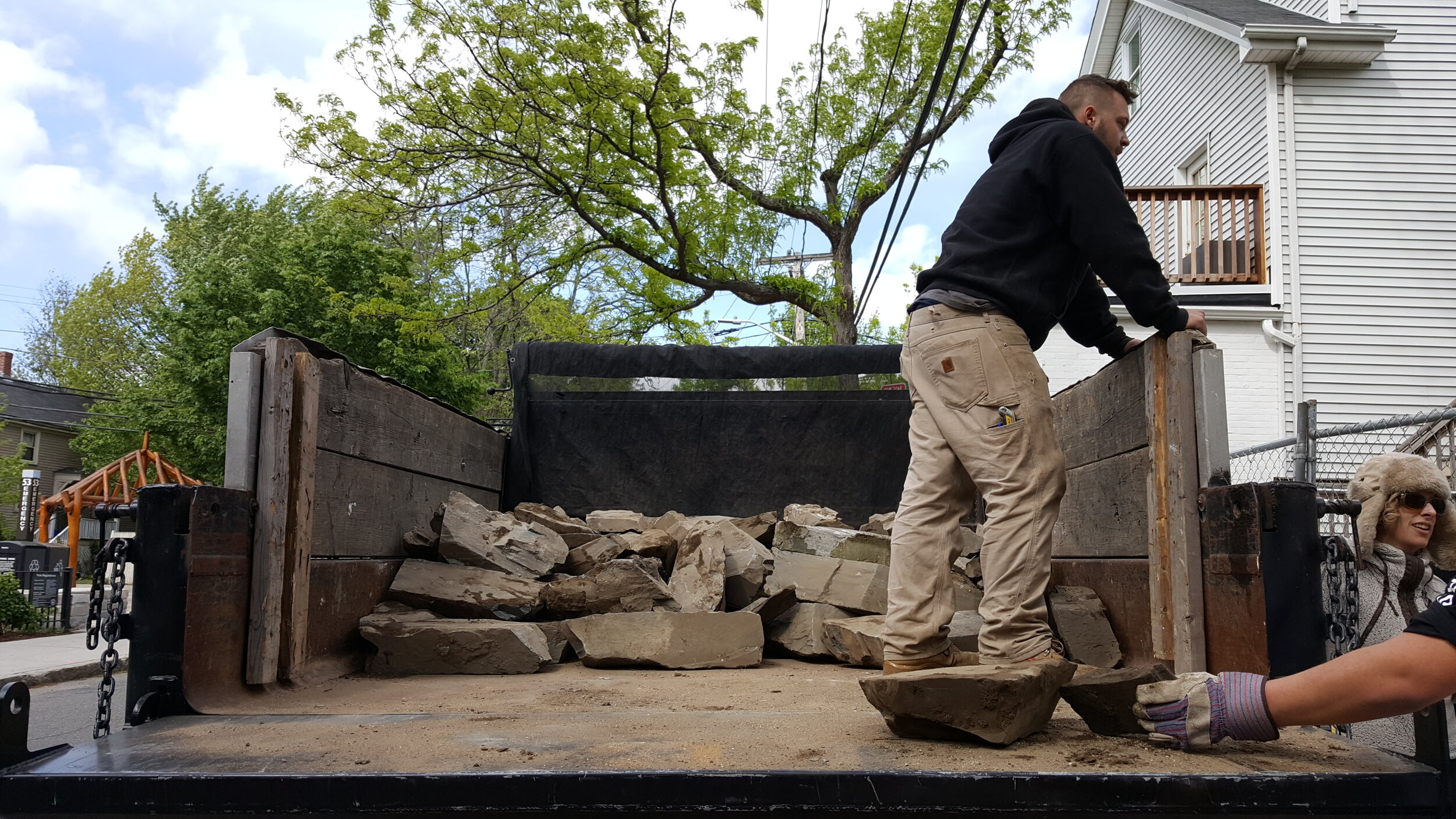 Salvaged stones en route. Thanks to Groundwork Somerville volunteers who came to our rescue.
