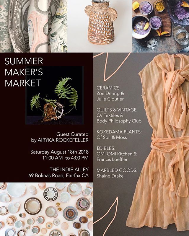 Head over to Marin next weekend and check out the Summer Maker&rsquo;s Market guest curated by Airyka Rockefeller with some of her favorite female Bay Area Artists and chefs. It&rsquo;s a great line up with some unique finds and artisan food. Check o