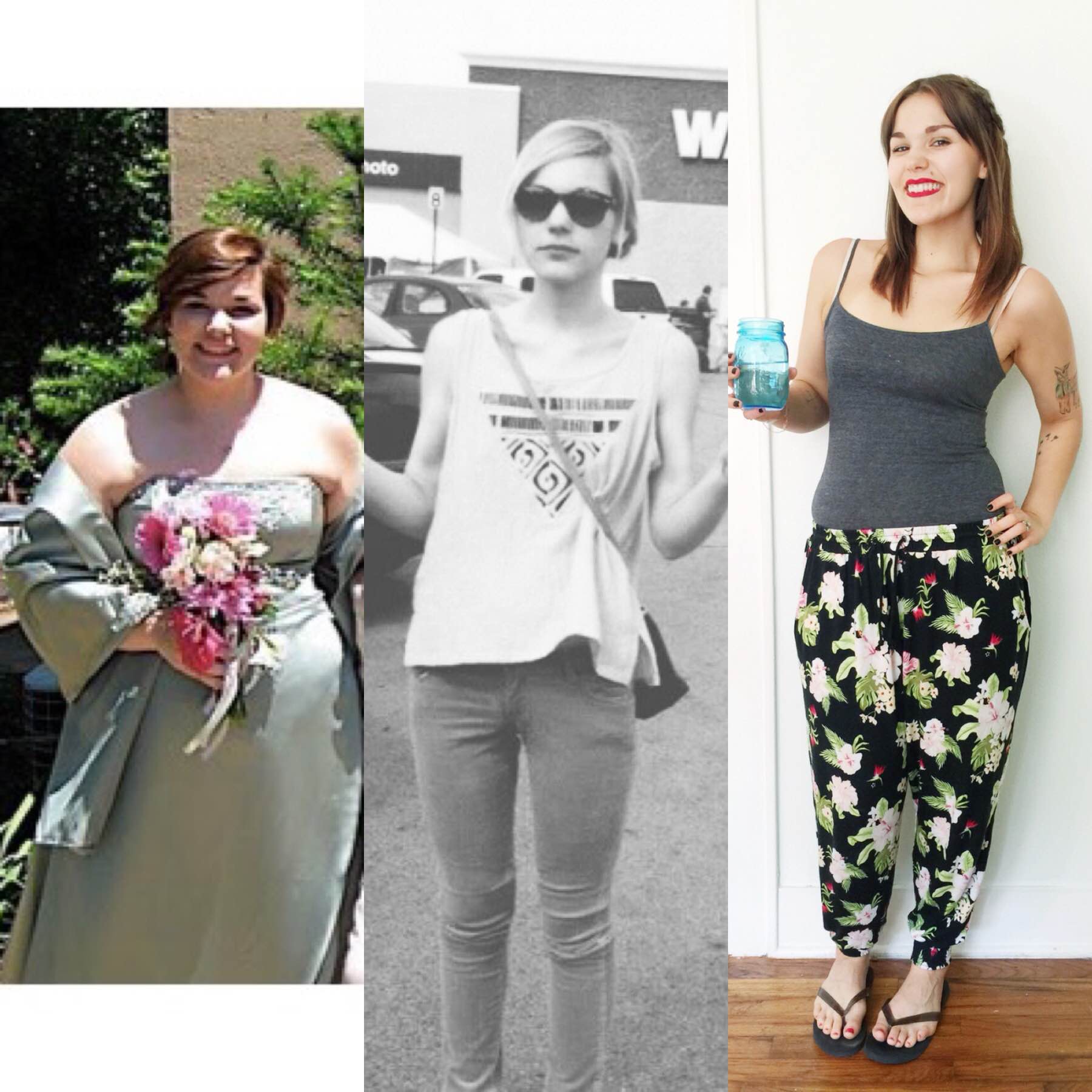 Left to right: 2009, I was fifteen and one of my heaviest weights (260ish?); middle, I was eighteen and my lowest weight (100ish); right, today cleaning the house with my husband. Twenty-one and who gives a f*ck how much I weigh?! I DON'T!